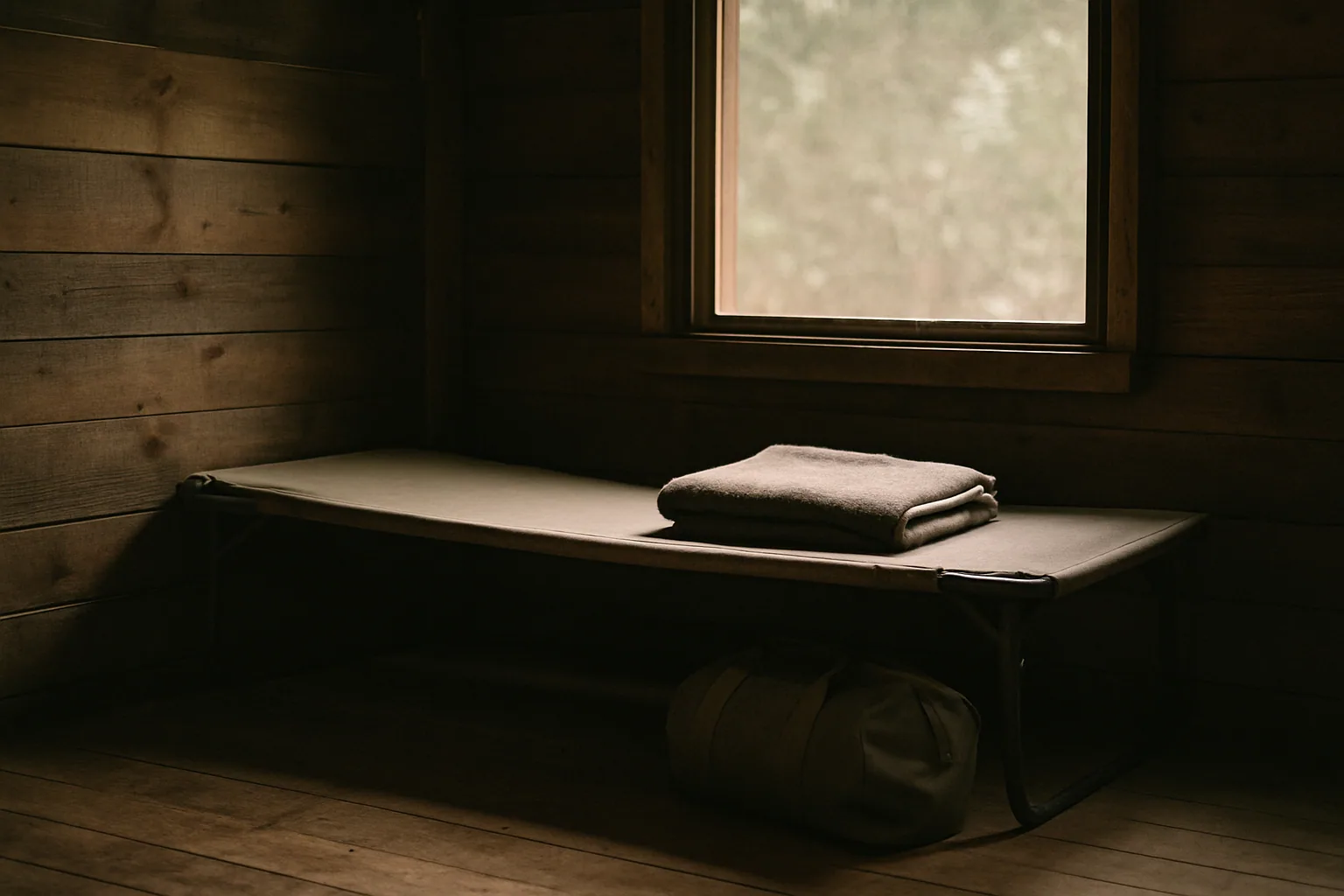 A bare cot with a folded blanket sits in a plain camp cabin, a duffel on the floor beside it lit by a screened window.