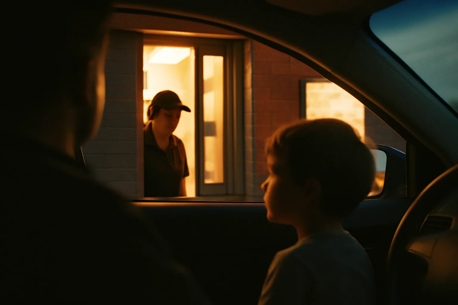 A car window at a fast food drive-thru glows with warm sign light at dusk, seen from inside past a shoulder.
