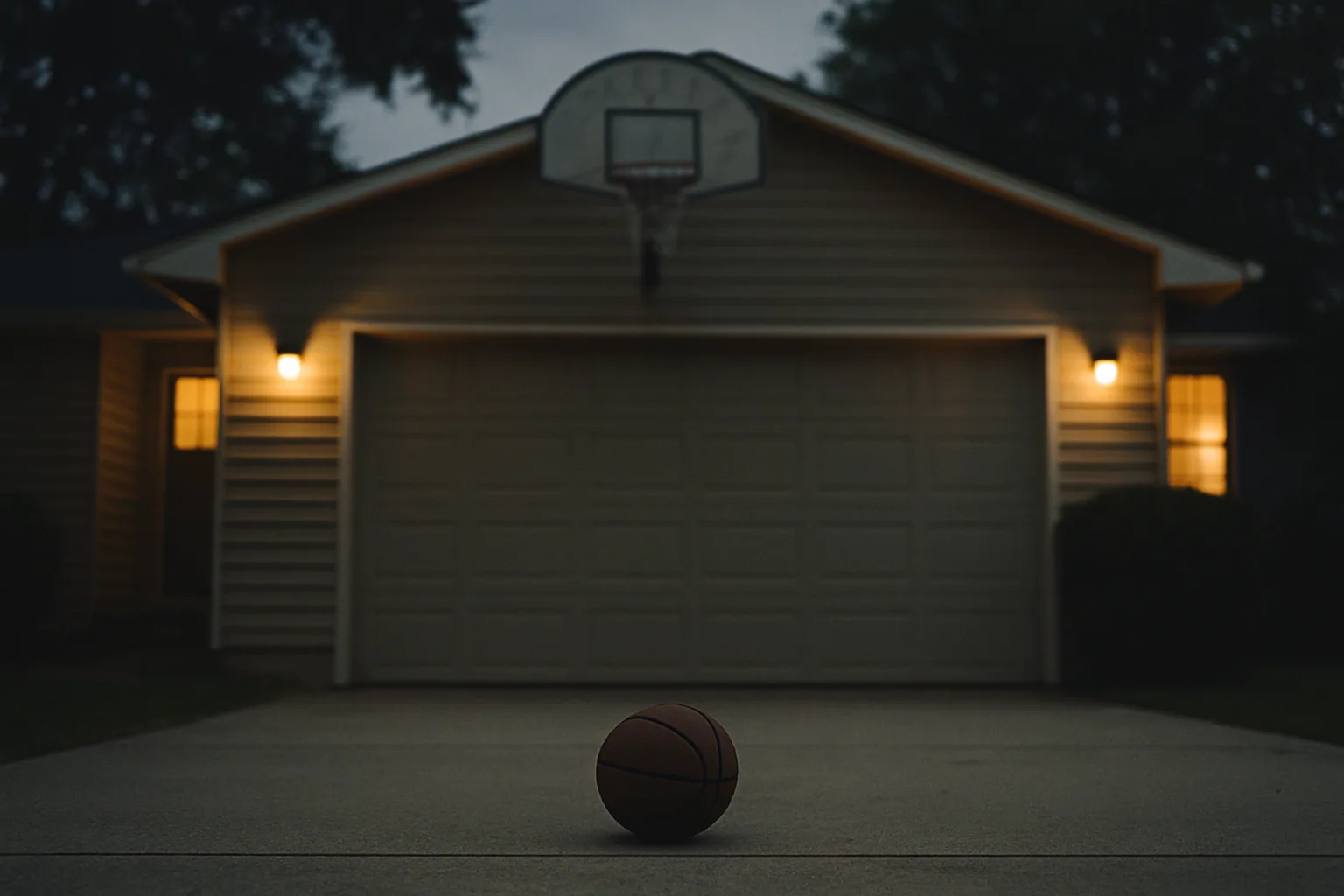 An empty driveway at dusk shows a basketball hoop above the garage and a ball resting on the concrete, house lights just coming on.