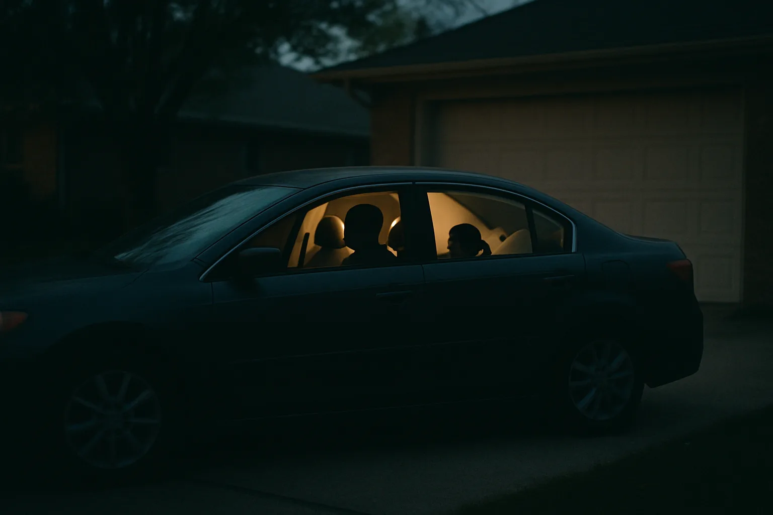 A car sits parked in a driveway with its interior light on and two silhouettes still inside, seen from across the street at dusk.