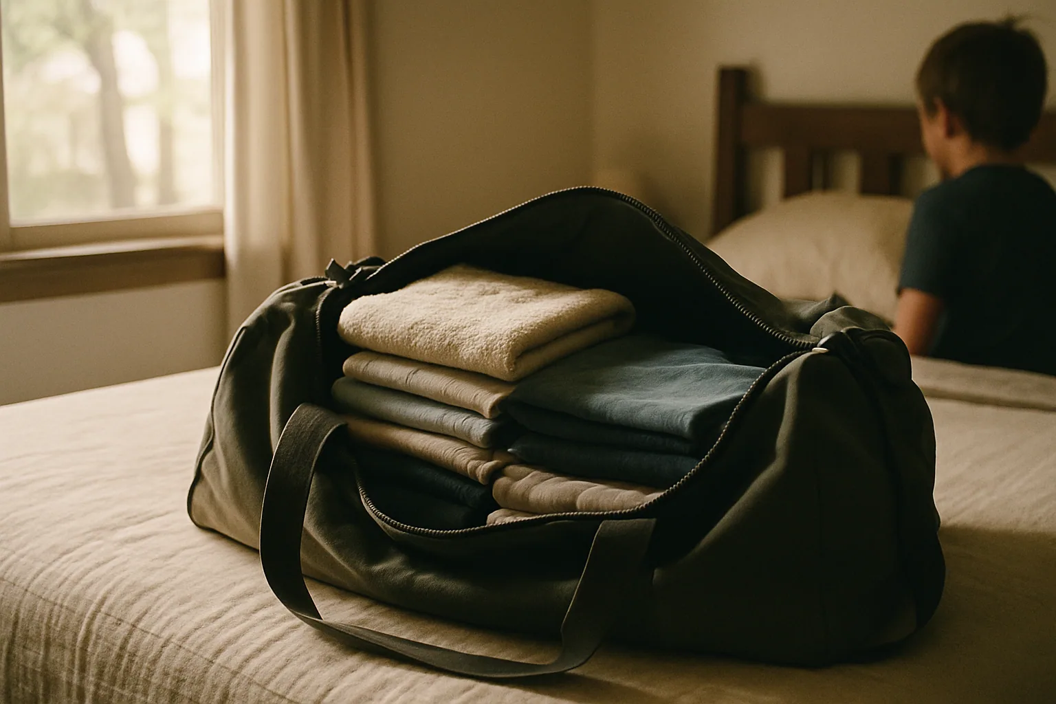 A packed duffel bag sits open on a made bed with folded clothes and a towel inside, lit by afternoon window light.