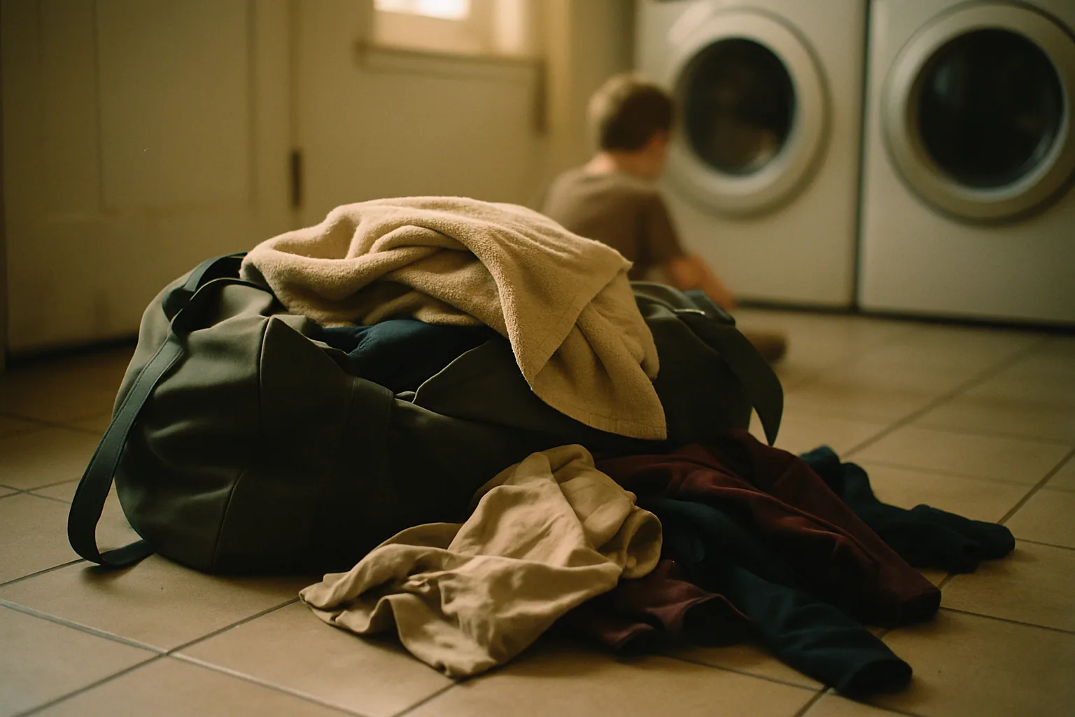 A camp duffel sits dumped open on a laundry room floor, clothes spilling out with a damp towel on top in afternoon light.