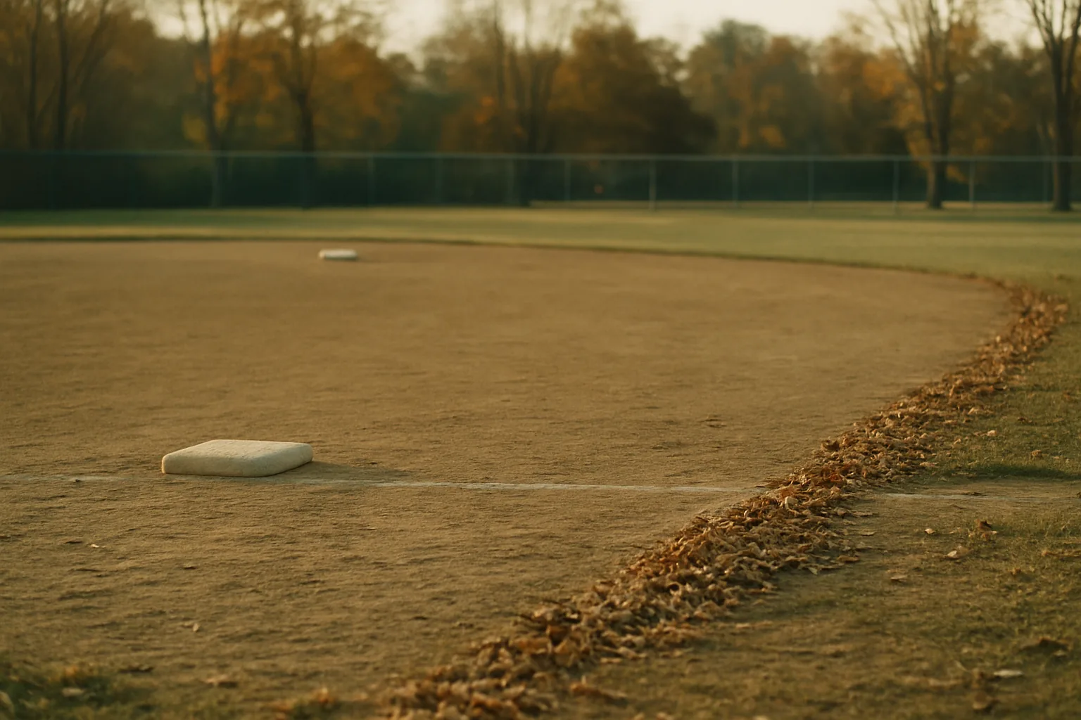 An empty baseball infield in autumn light with brown leaves along the foul line.