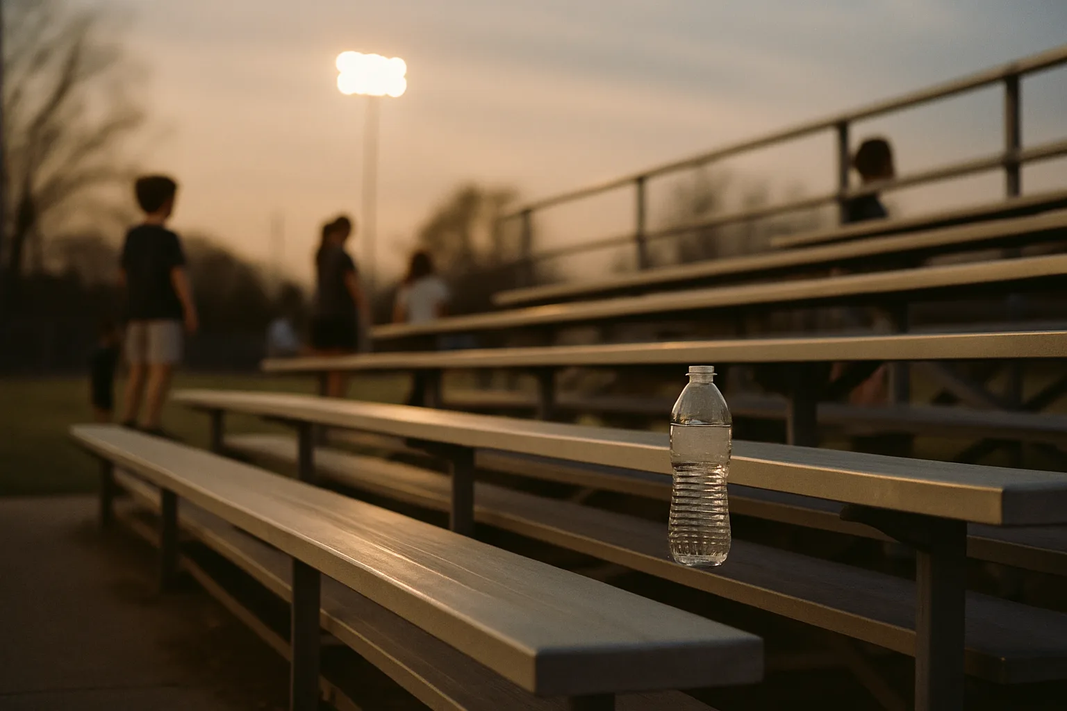 Empty aluminum bleachers sit after a game with one forgotten water bottle on the bottom row as field lights come on at dusk.