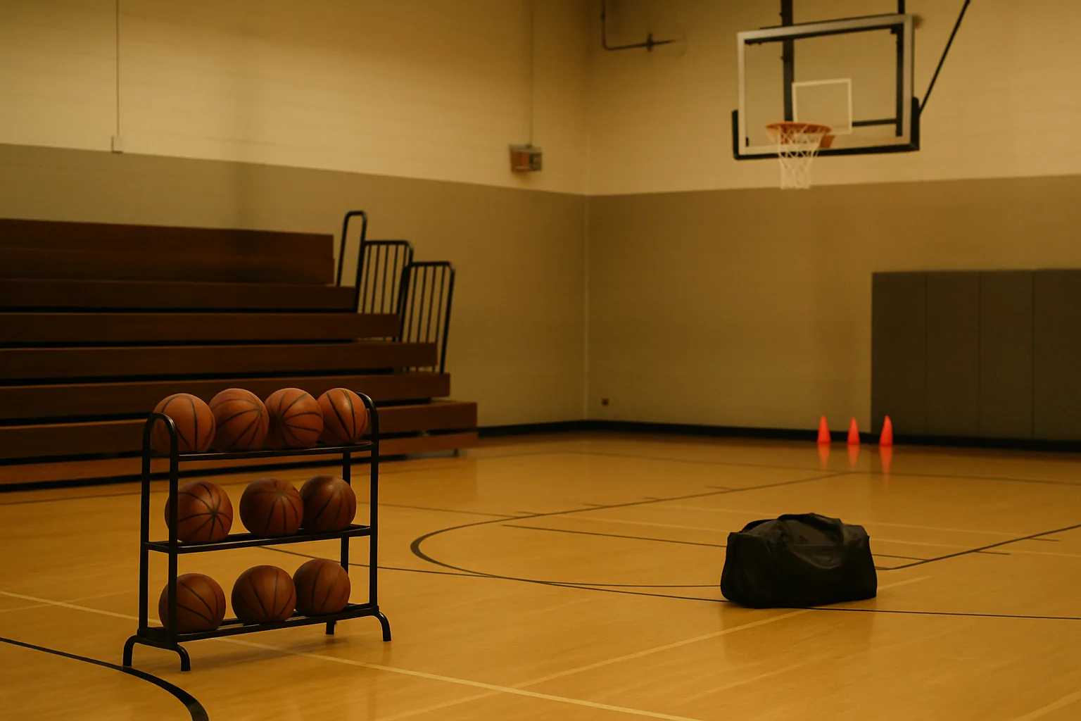 An empty youth basketball gym with a ball rack near the bleachers and a travel bag with cones at the far baseline.