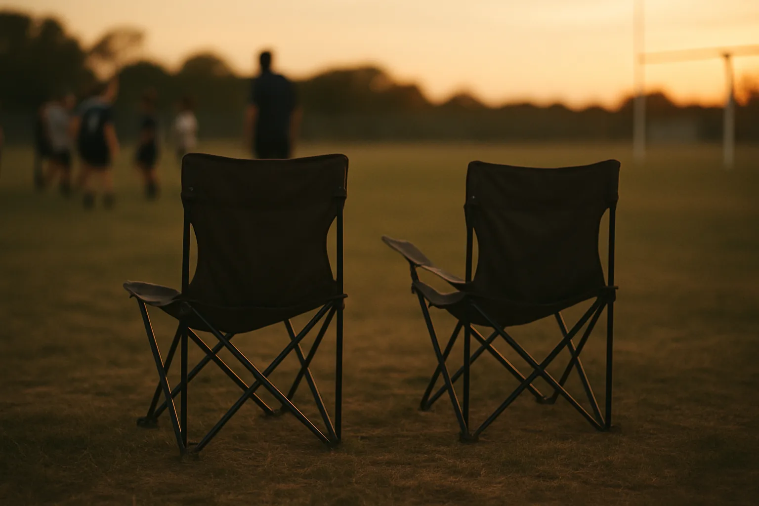 Two empty folding chairs on a youth sports sideline at sunset with the field beyond.