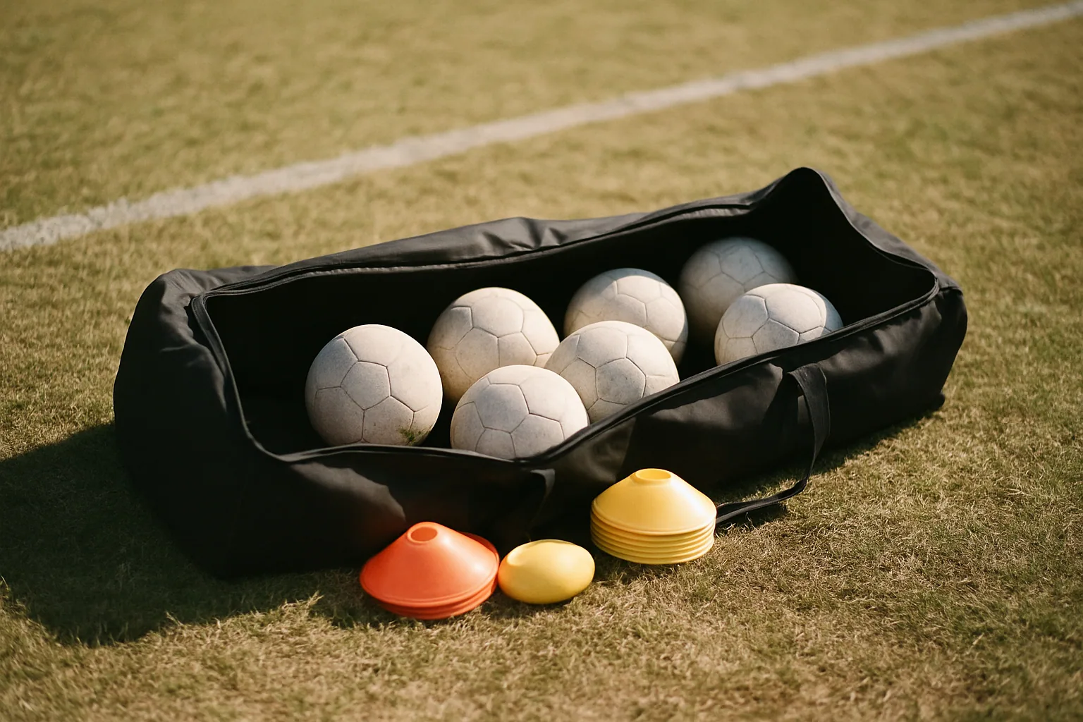 A long equipment bag lies open on the grass at a sideline with plain balls and cones spilling out under midday shadow.
