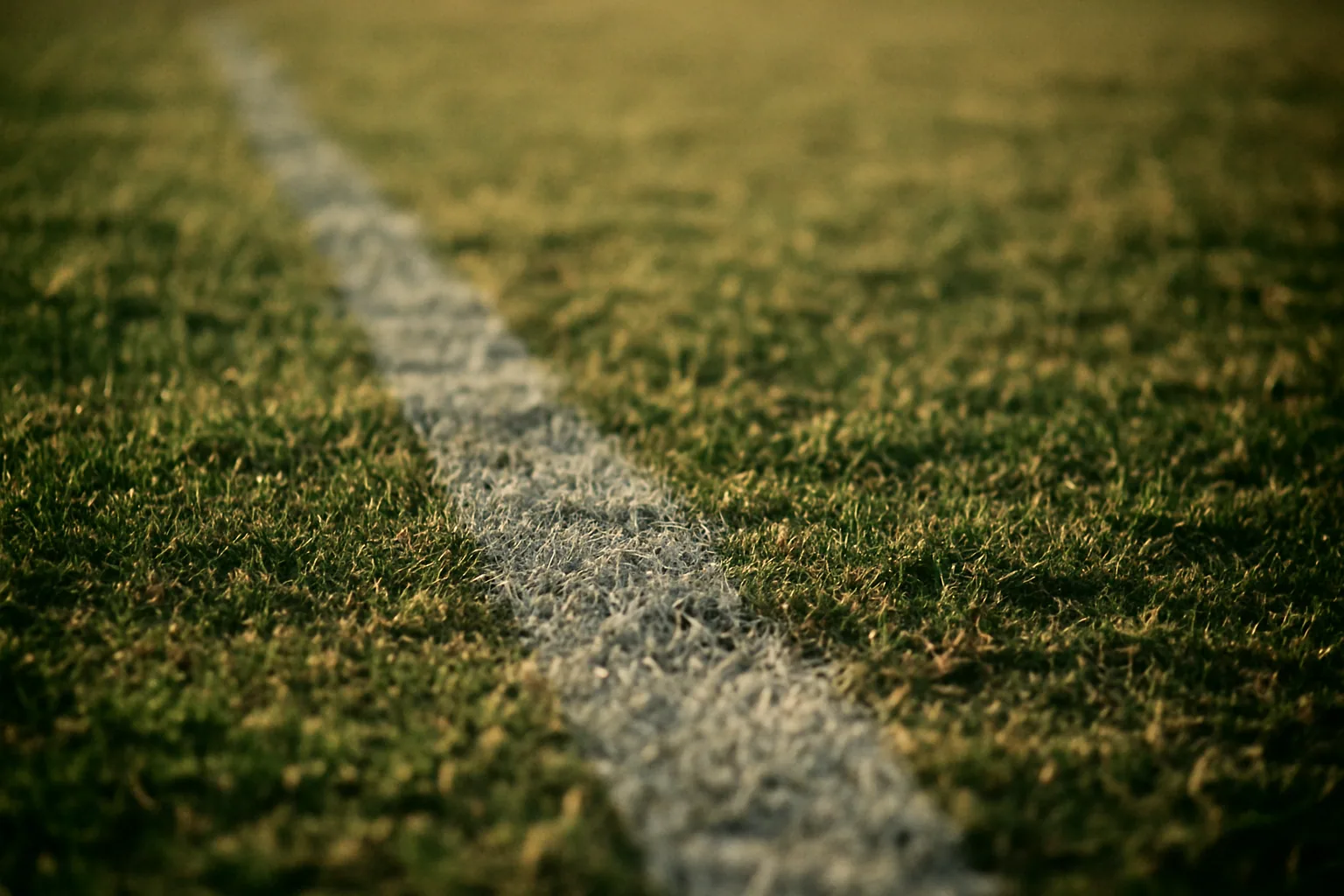 Painted boundary lines mark grass at a very low angle in strong side light, the turf's texture visible with nobody in frame.