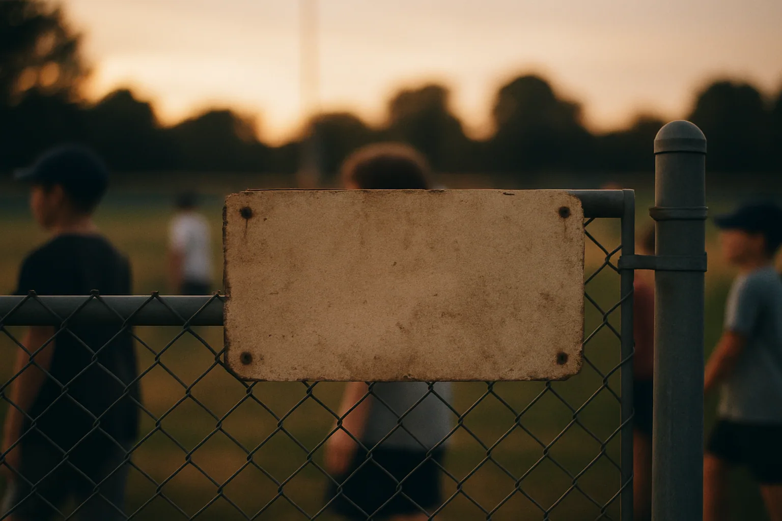 A blank weathered sign board mounts on a chain-link fence at a field entrance, dusk light glowing behind it.