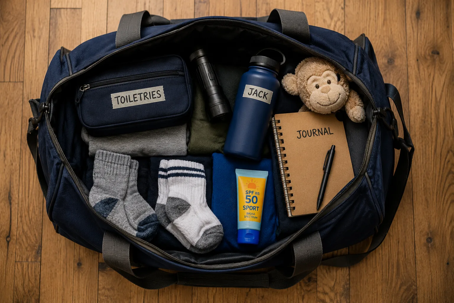 An open duffel bag on a bed half-packed with neatly folded clothes, a sleeping bag, a flashlight, and a sealed letter on top.