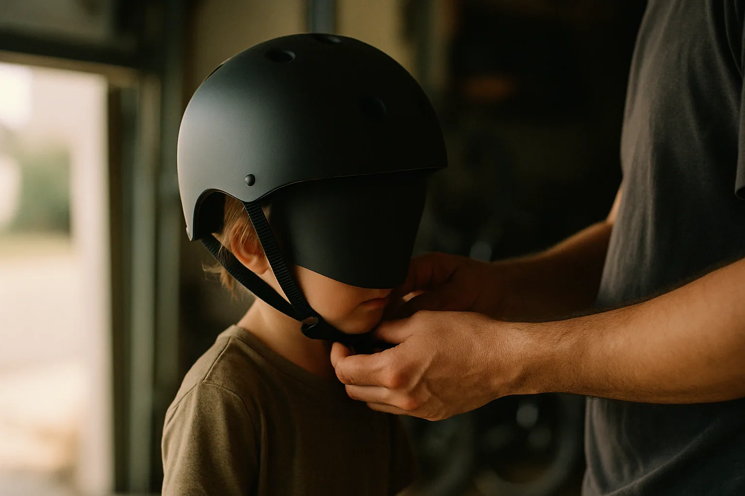 An adult's hands adjust the chin strap of a plain youth helmet, the child's face hidden behind the helmet and the adult's forearm.