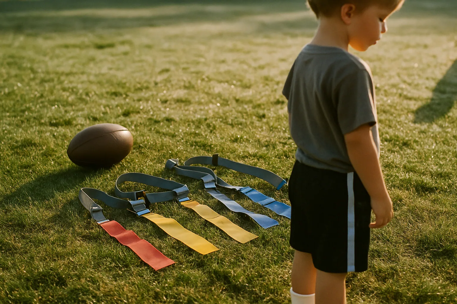 Flag football belts with plain colored flags lie on grass beside a ball, dew visible in morning light.