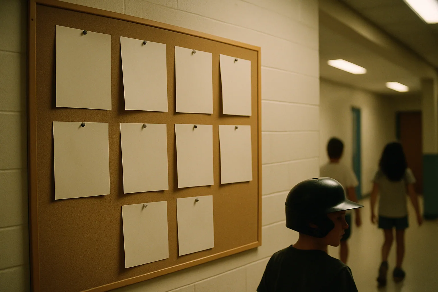 A cork bulletin board in a rec center hallway holds blank unprinted paper flyers pinned to it under fluorescent light.