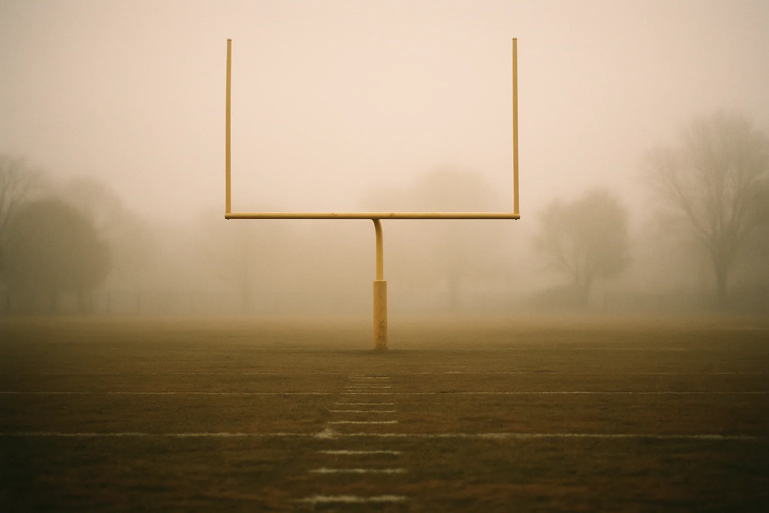 A goalpost stands at the end of an empty youth football field, photographed at low angle in morning fog with hash marks fading away.