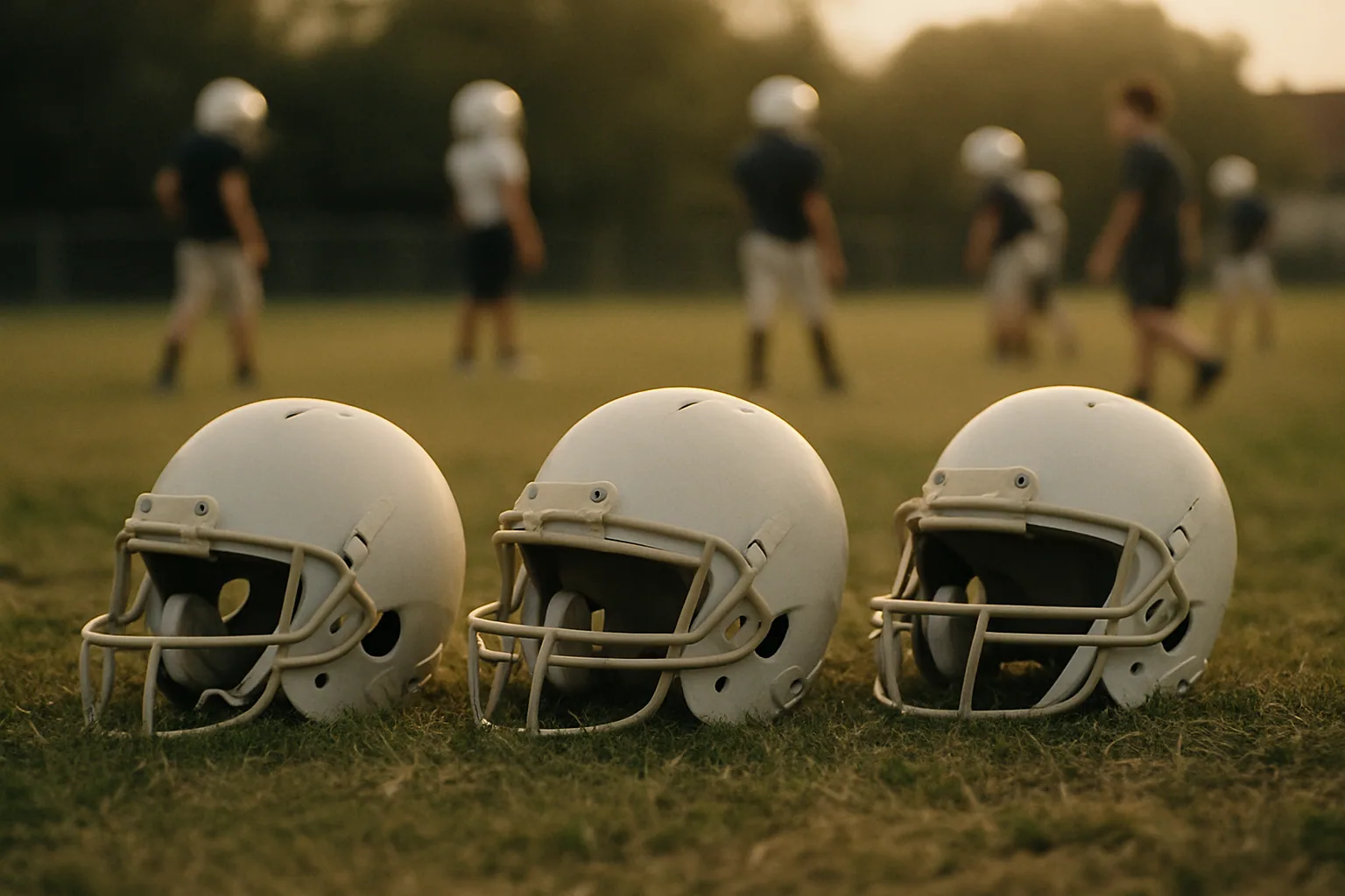 Football helmets lined up on the grass.