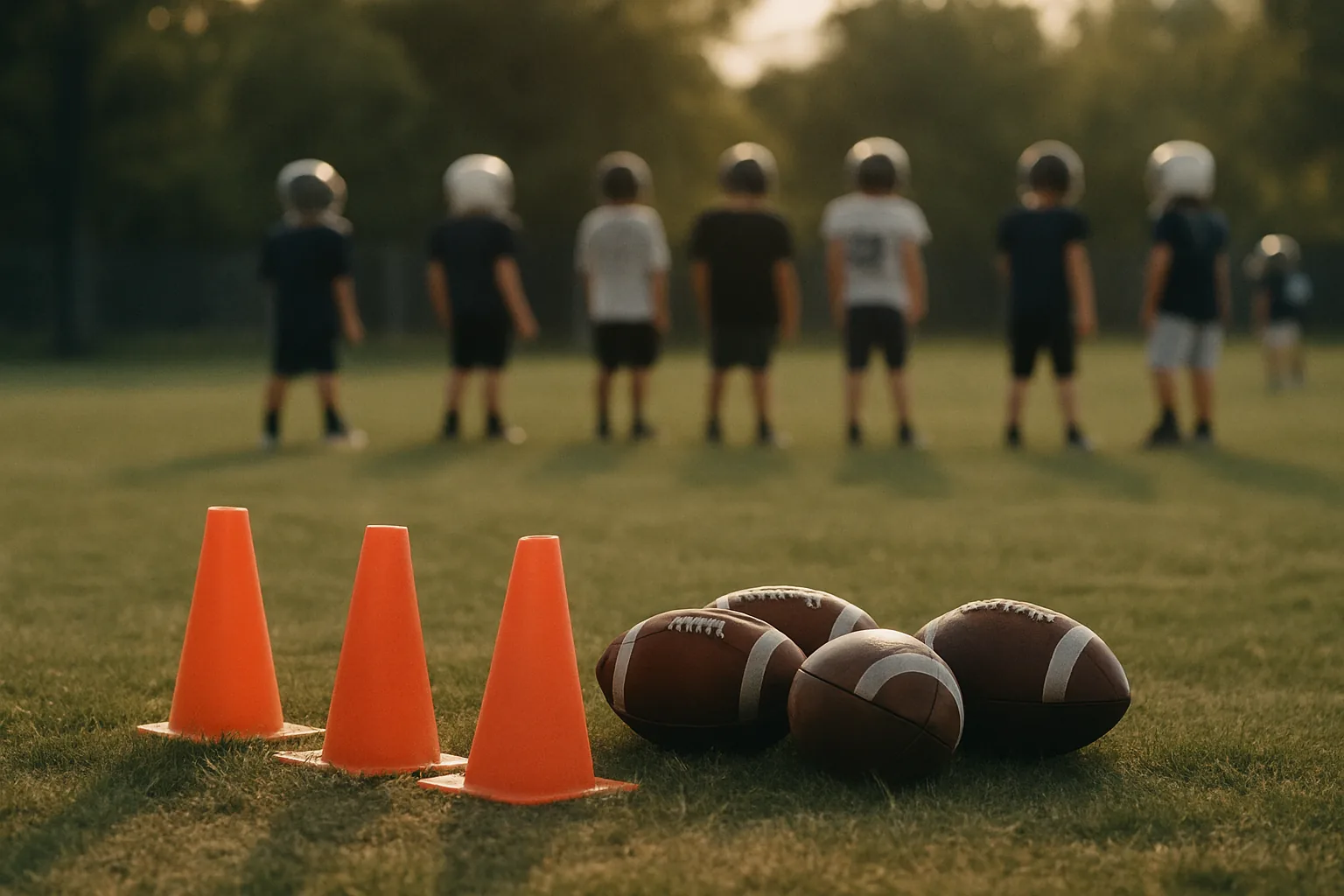 Practice cones and footballs on a grass field with young players in the distance facing away.