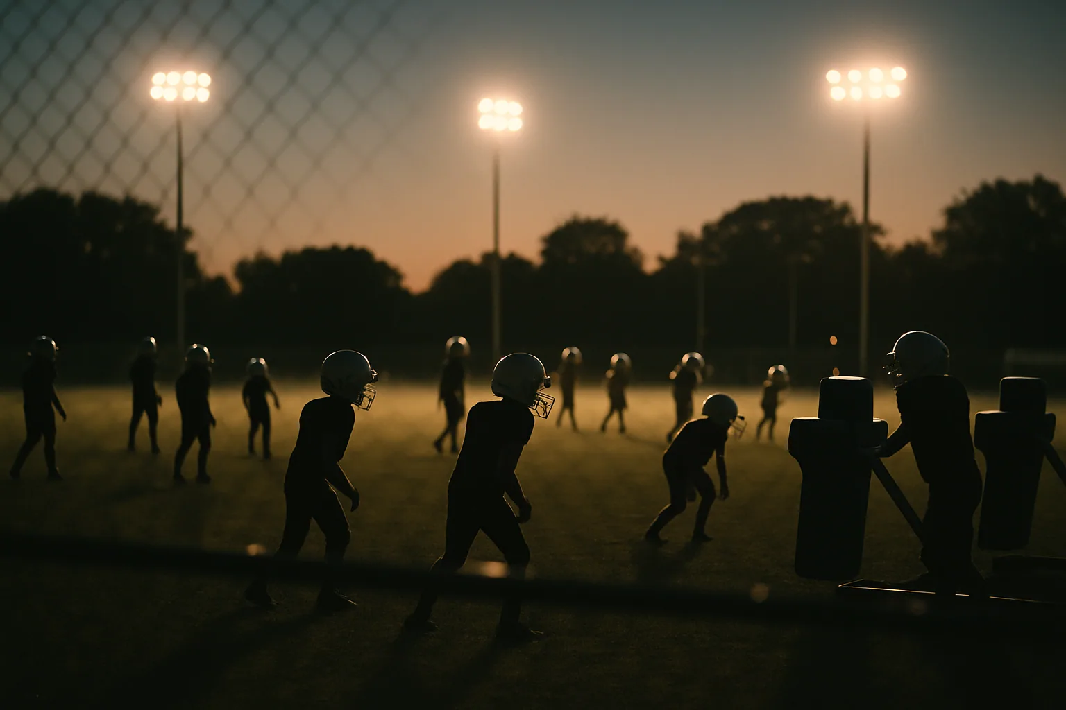 A youth football practice is seen from far outside the fence at dusk, players small and backlit with blocking sleds at the edge.