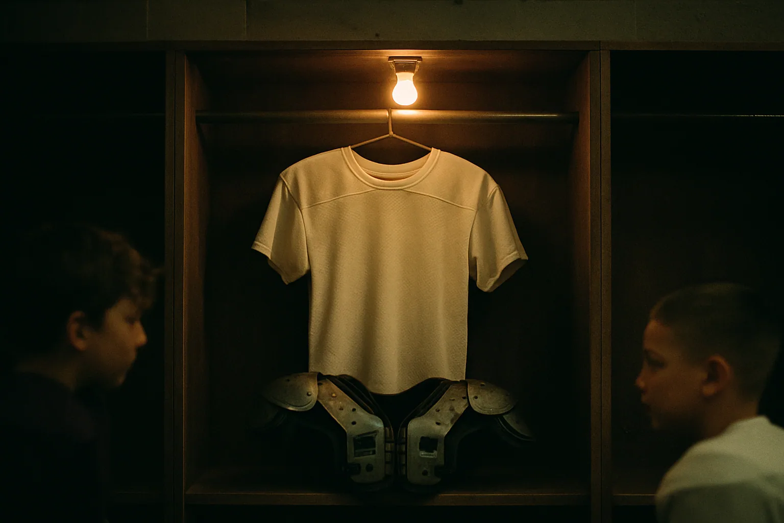 Shoulder pads and a plain jersey hang in an open locker under one overhead bulb, no numbers or lettering visible.