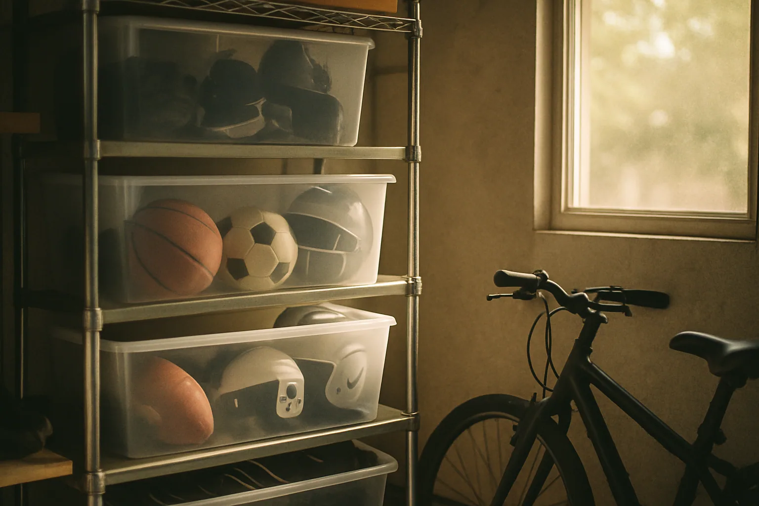 Plastic bins of youth sports gear are stacked on garage shelving with balls and helmets visible and a bike leaning in the corner.