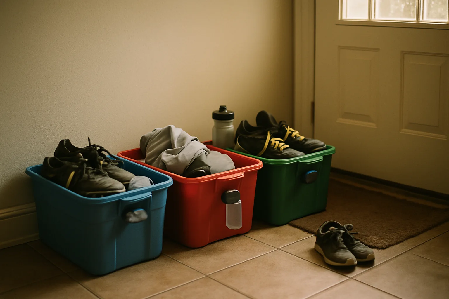 Three color-coded storage bins, blue, red, and green, lined up by a back door, each holding cleats, a shirt, or a water bottle.