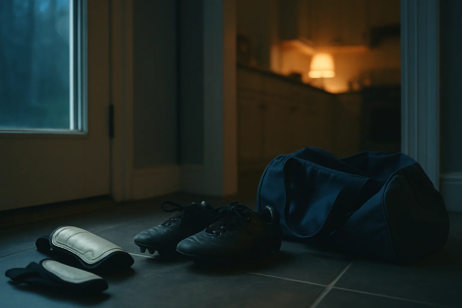 Worn cleats, shin guards, and a half-zipped duffel sit on the floor by a back door in blue predawn light, a kitchen lamp lit behind.