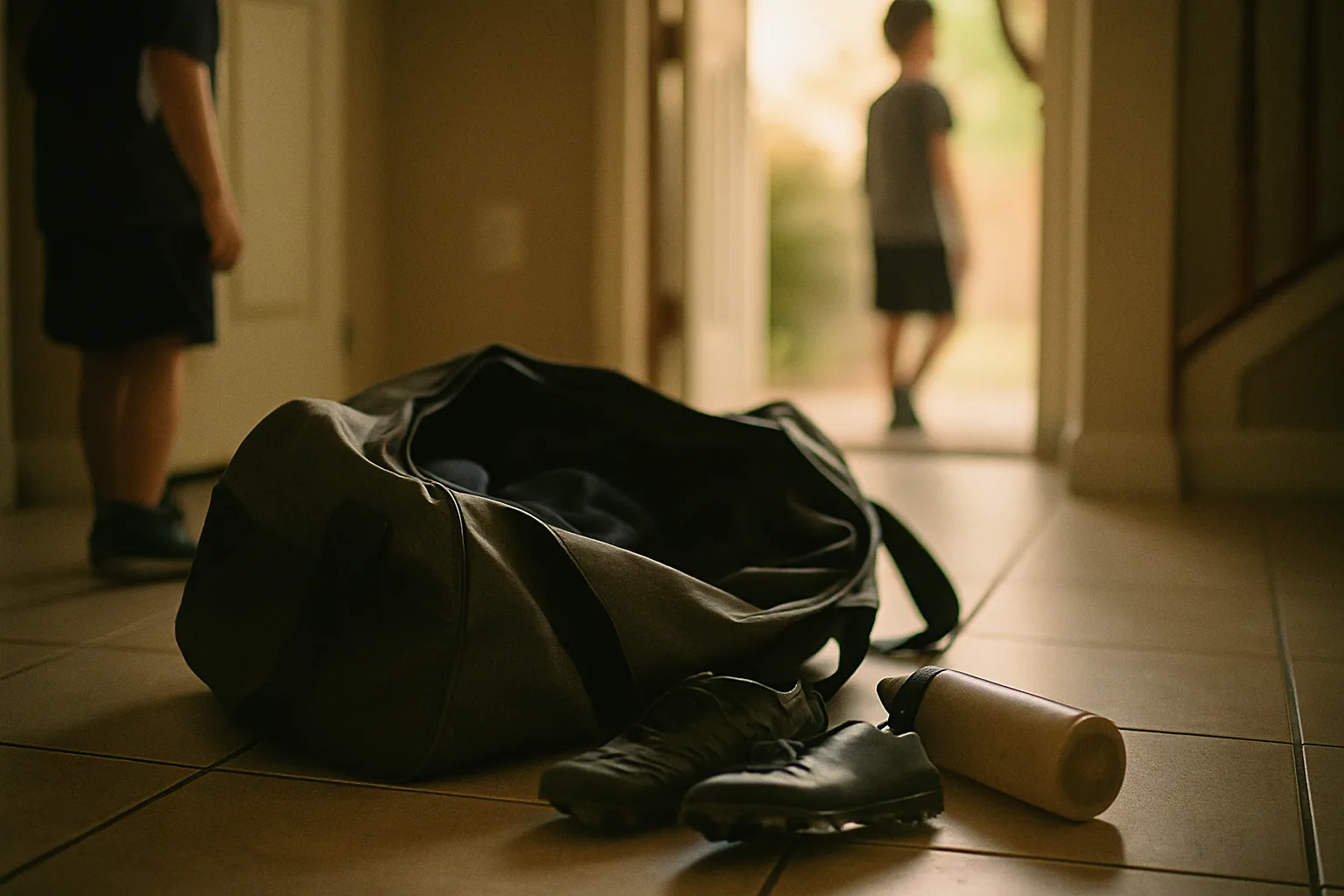 A duffel bag sits dumped open in a home entryway with cleats and a water bottle spilling onto the tile in evening light.