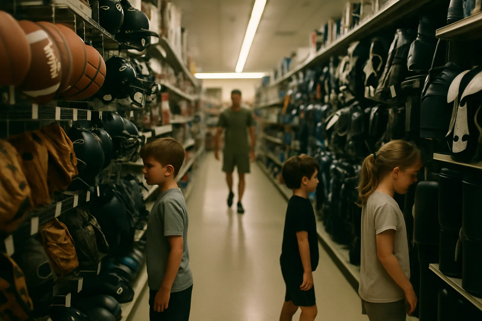 A sporting goods store aisle stretches into the distance with racks of unbranded gear and one adult figure soft-focused far down the row.