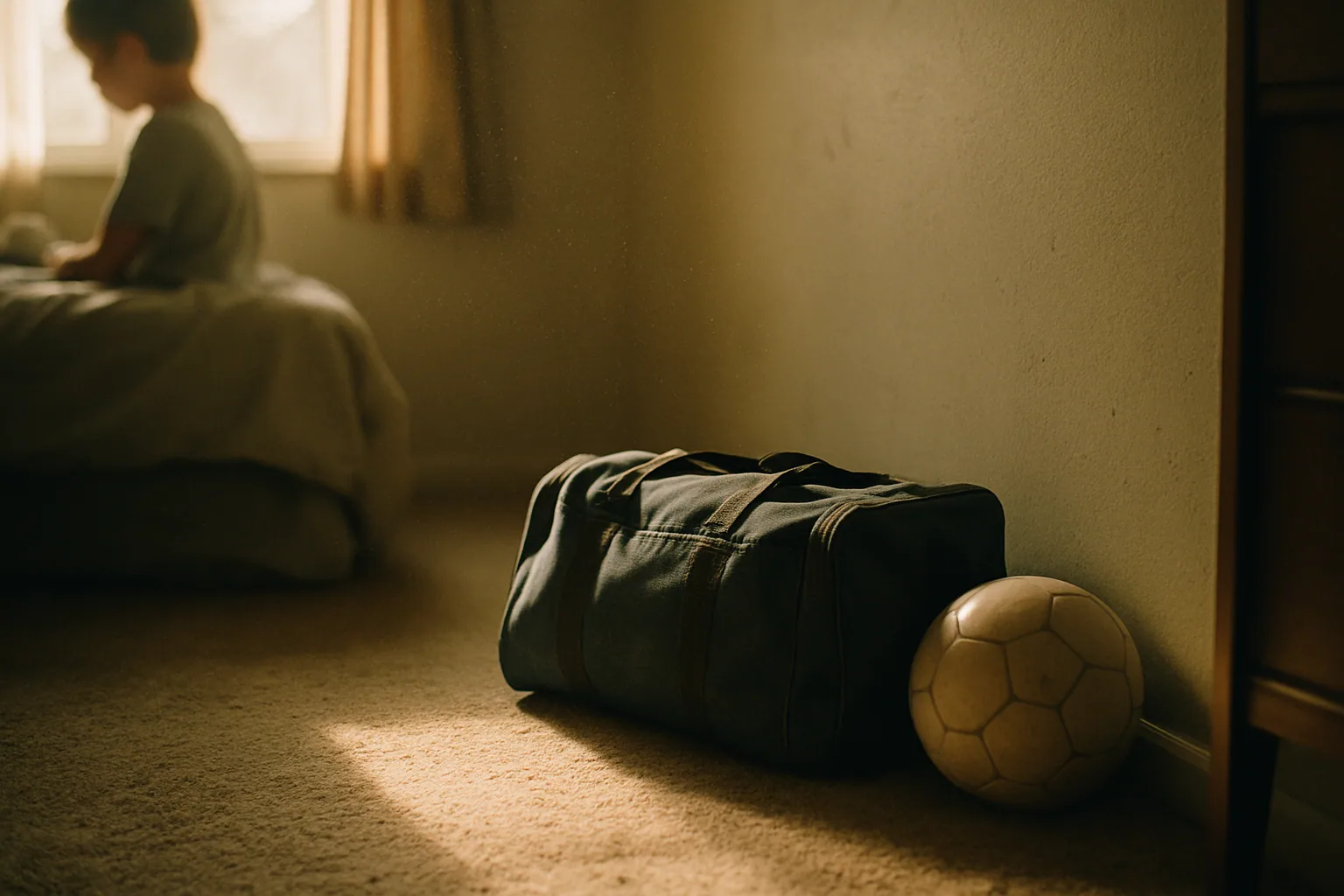 A youth sports bag sits zipped and untouched in a bedroom corner, dust visible in the afternoon light beside a ball.