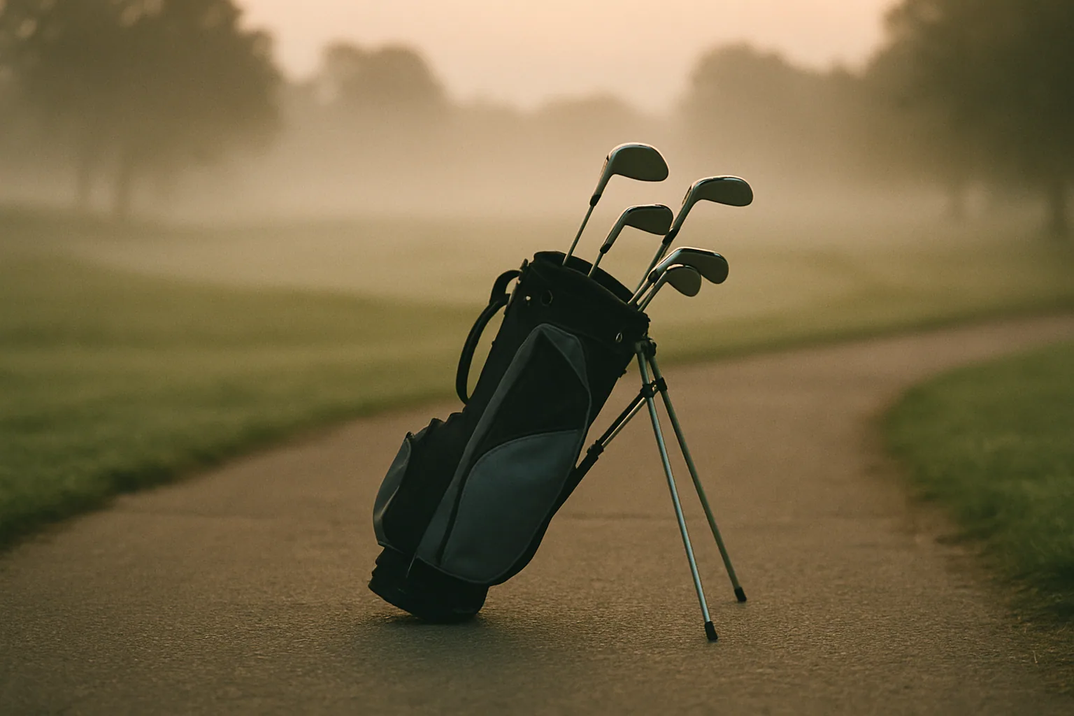 A youth golf bag stands on a cart path at dawn with plain clubs inside, the fairway fading into mist beyond.