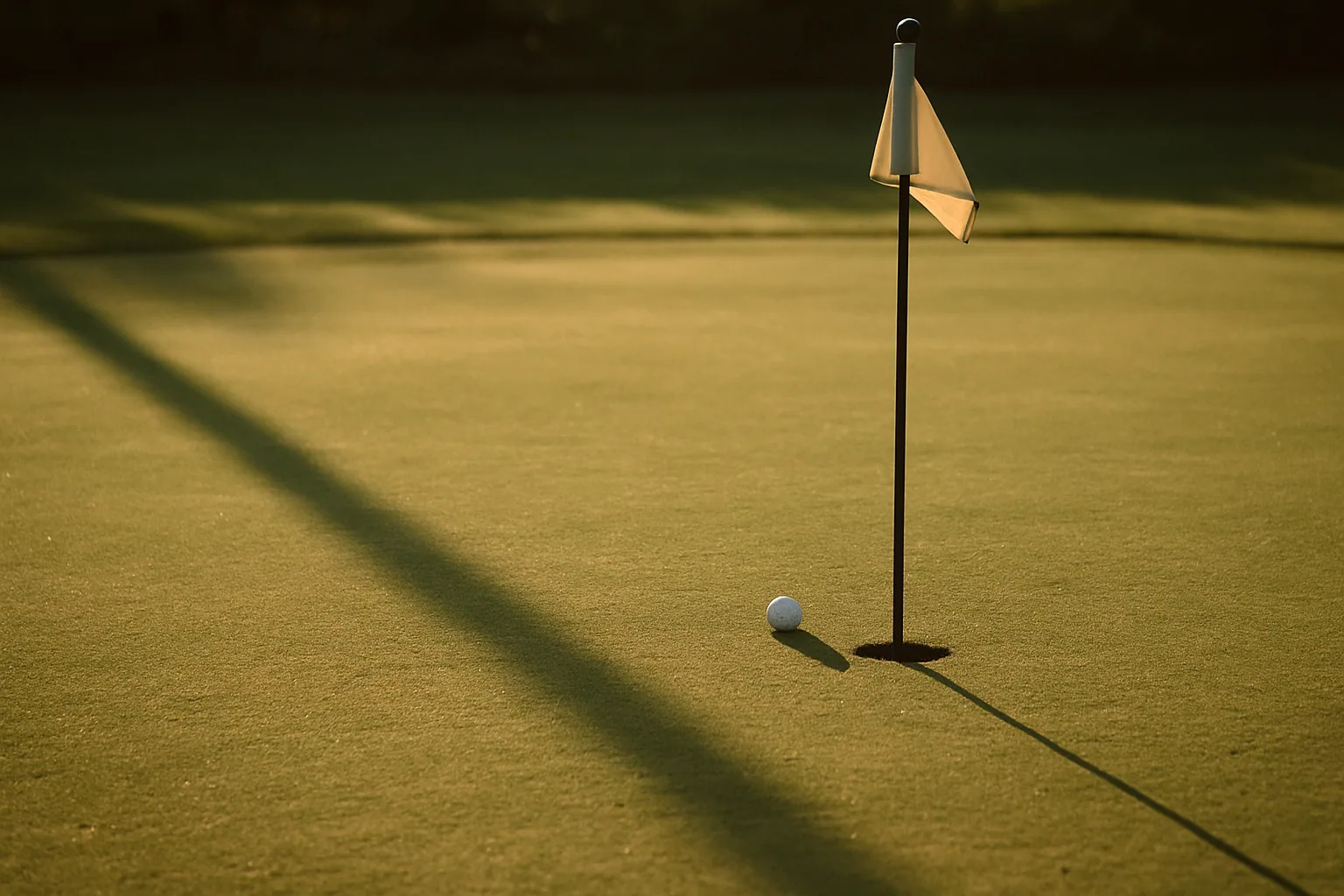 A putting green sits at low sun with a flagstick and a single ball near the cup, one long shadow crossing the grass.