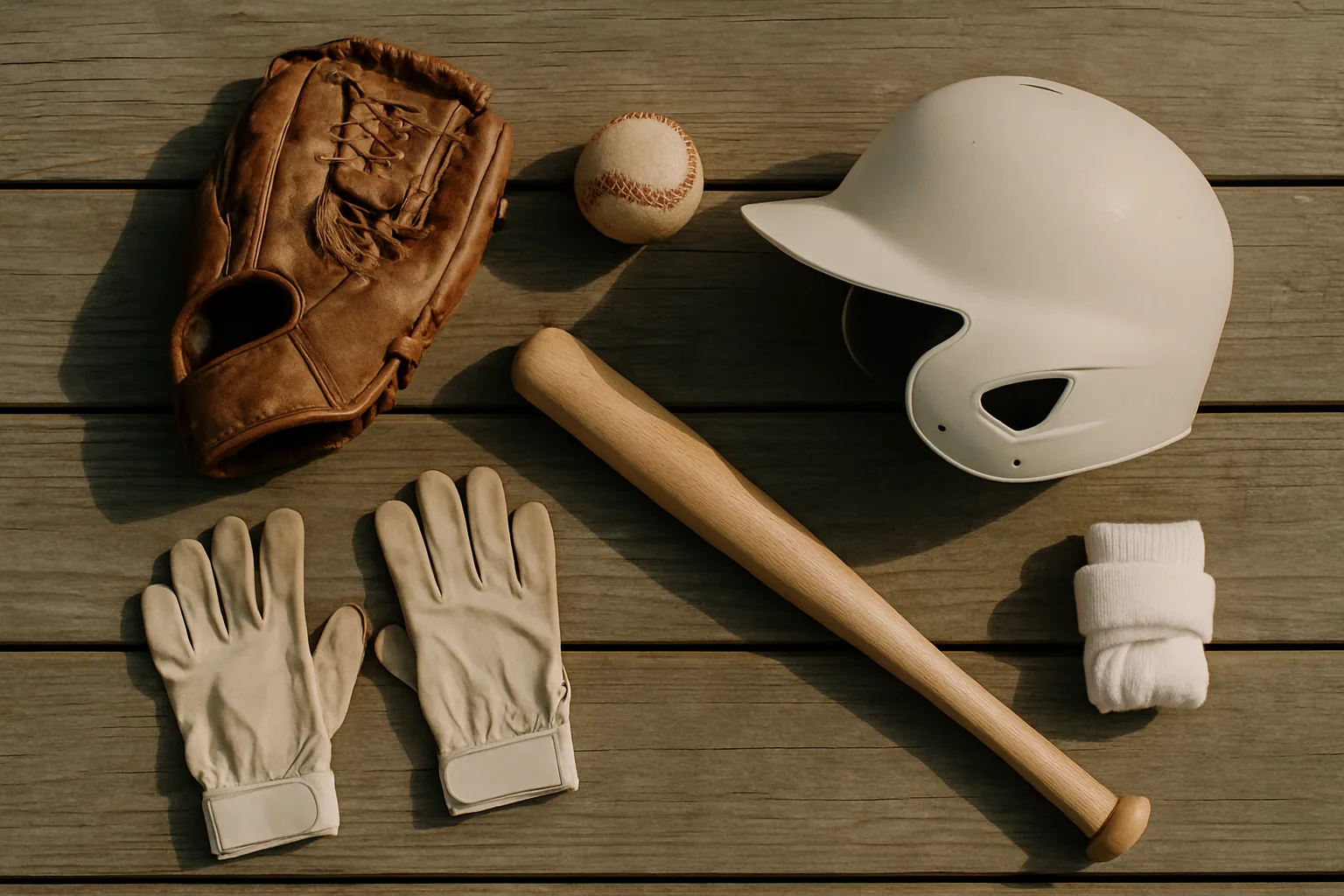 Youth baseball glove, bat, helmet, and ball arranged for a pre-season equipment check.