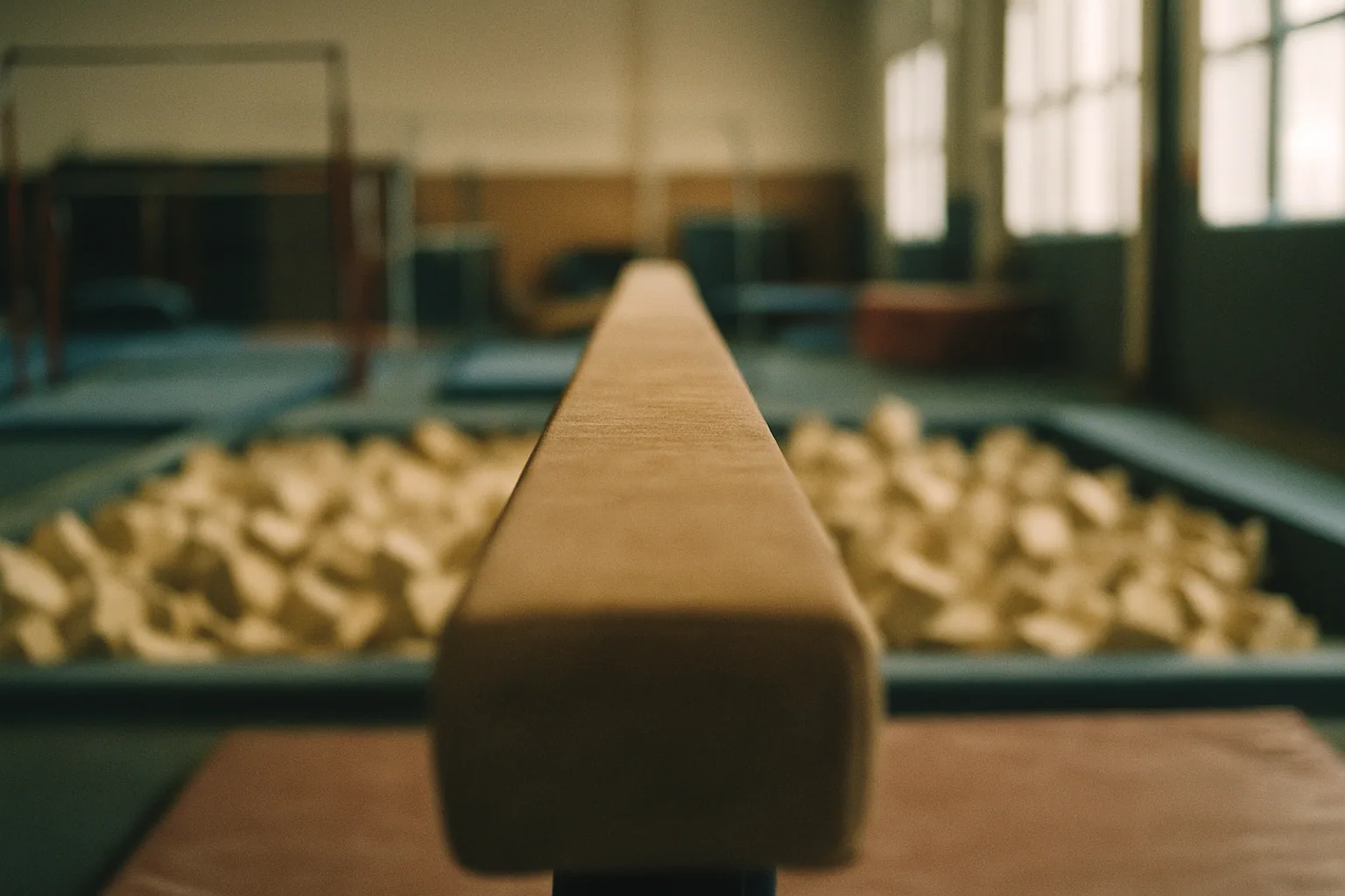 A balance beam is photographed at very low angle down its length in an empty gym, a foam pit blurred beyond.
