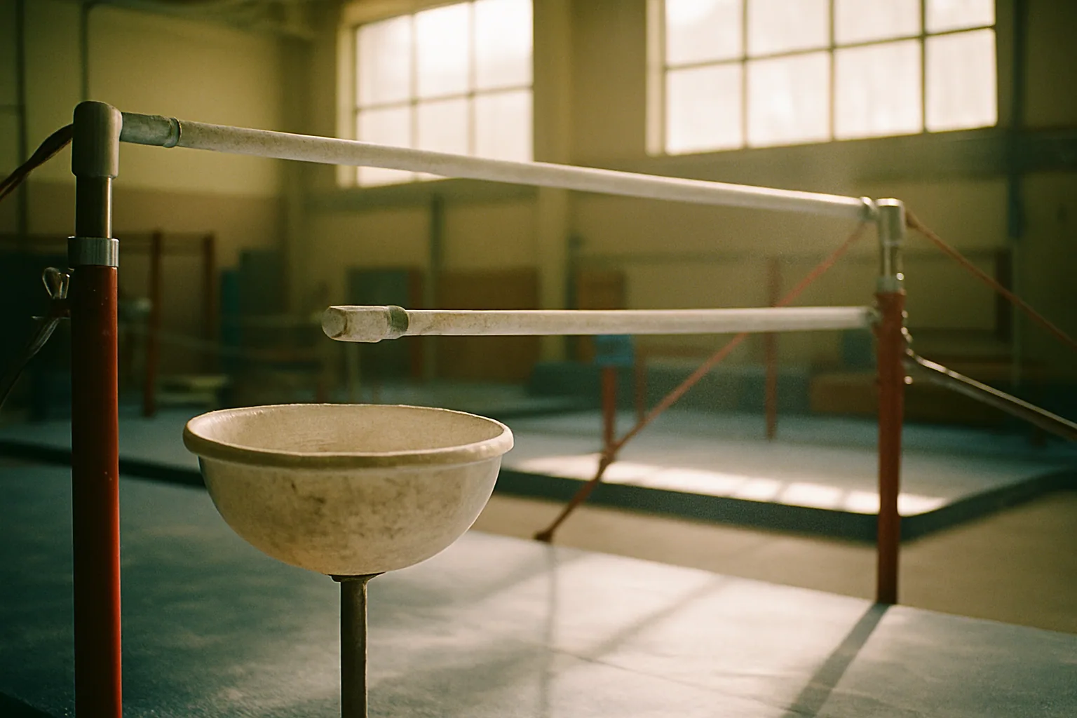 A chalk bowl sits beside uneven bars in a training gym, white dust dusting the rail and floor in morning light.