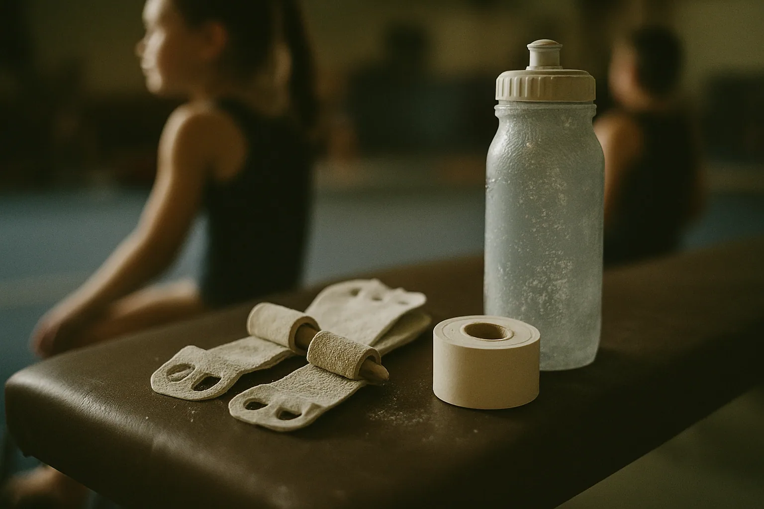 Worn hand grips and a roll of athletic tape sit on a bench beside a chalk-dusted water bottle under side light.