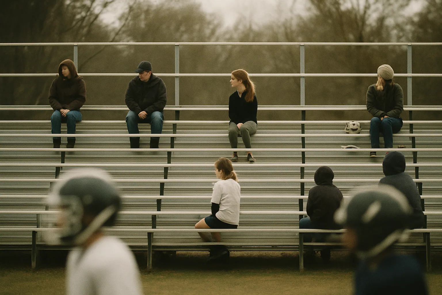 Sparse spectators scatter across aluminum stands at a youth game, seen from the field side at a distance under overcast light.