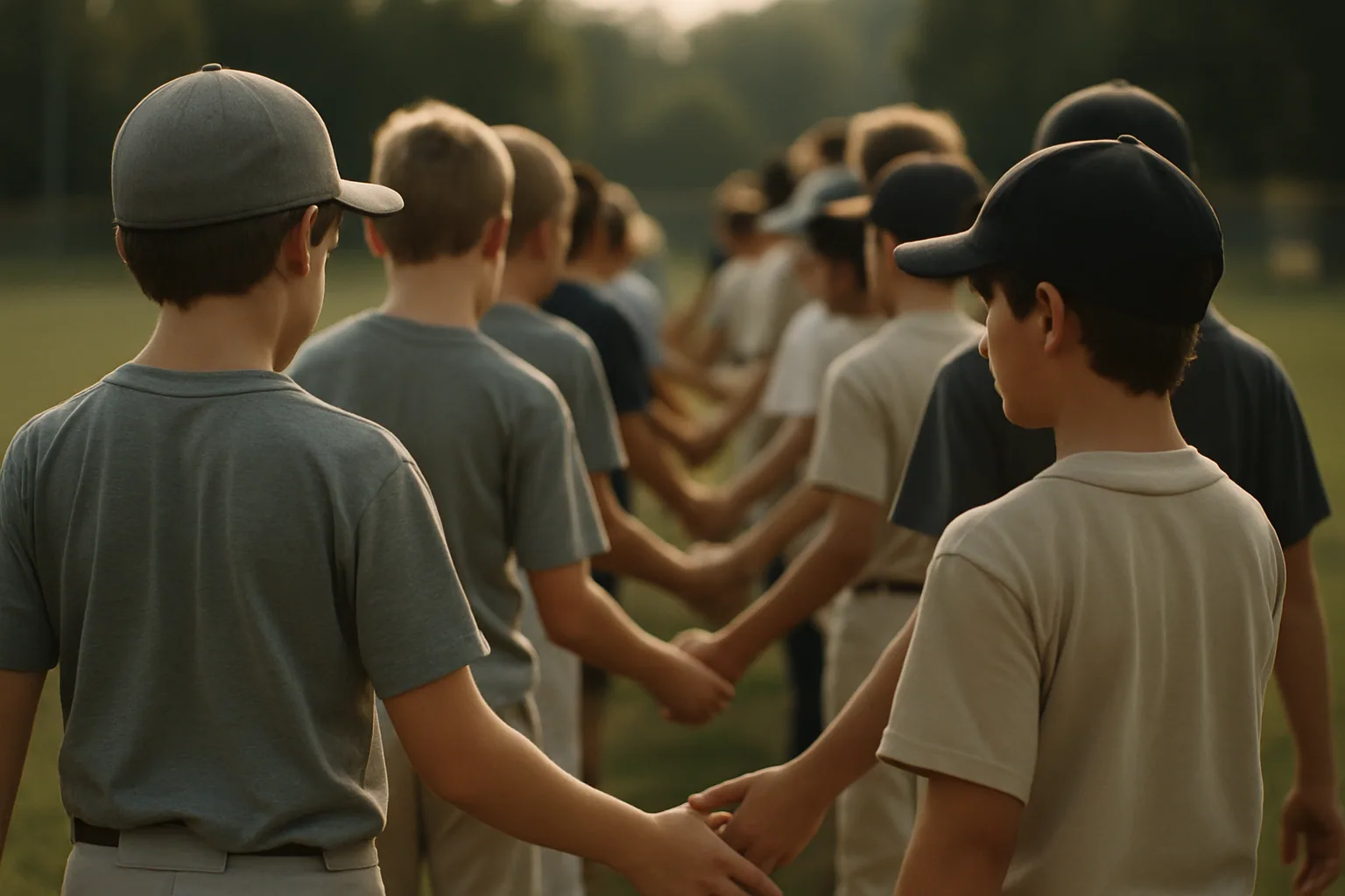 Two lines of young players pass each other in a postgame handshake line, seen from far behind so every face turns away, late afternoon light.