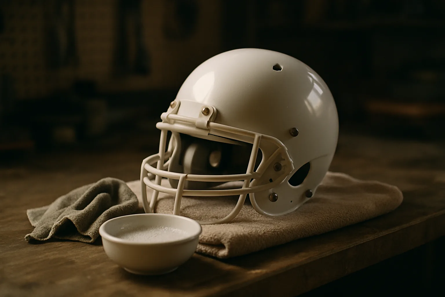 A youth sports helmet resting on a towel beside a soft cloth and a small bowl of soapy water.