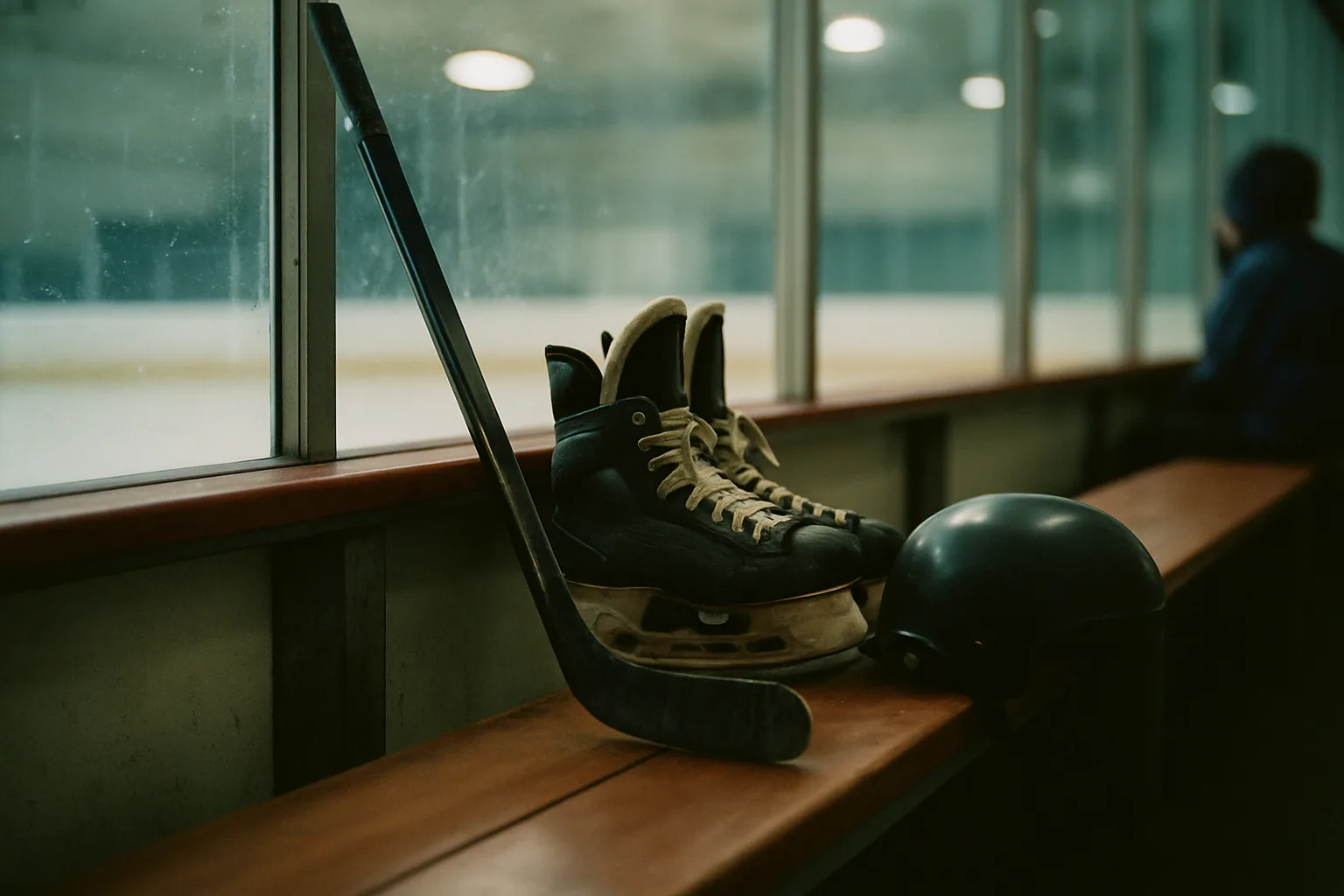 Skates and a stick rest against a rink bench beside a plain helmet, lit by cold blue light through the glass.