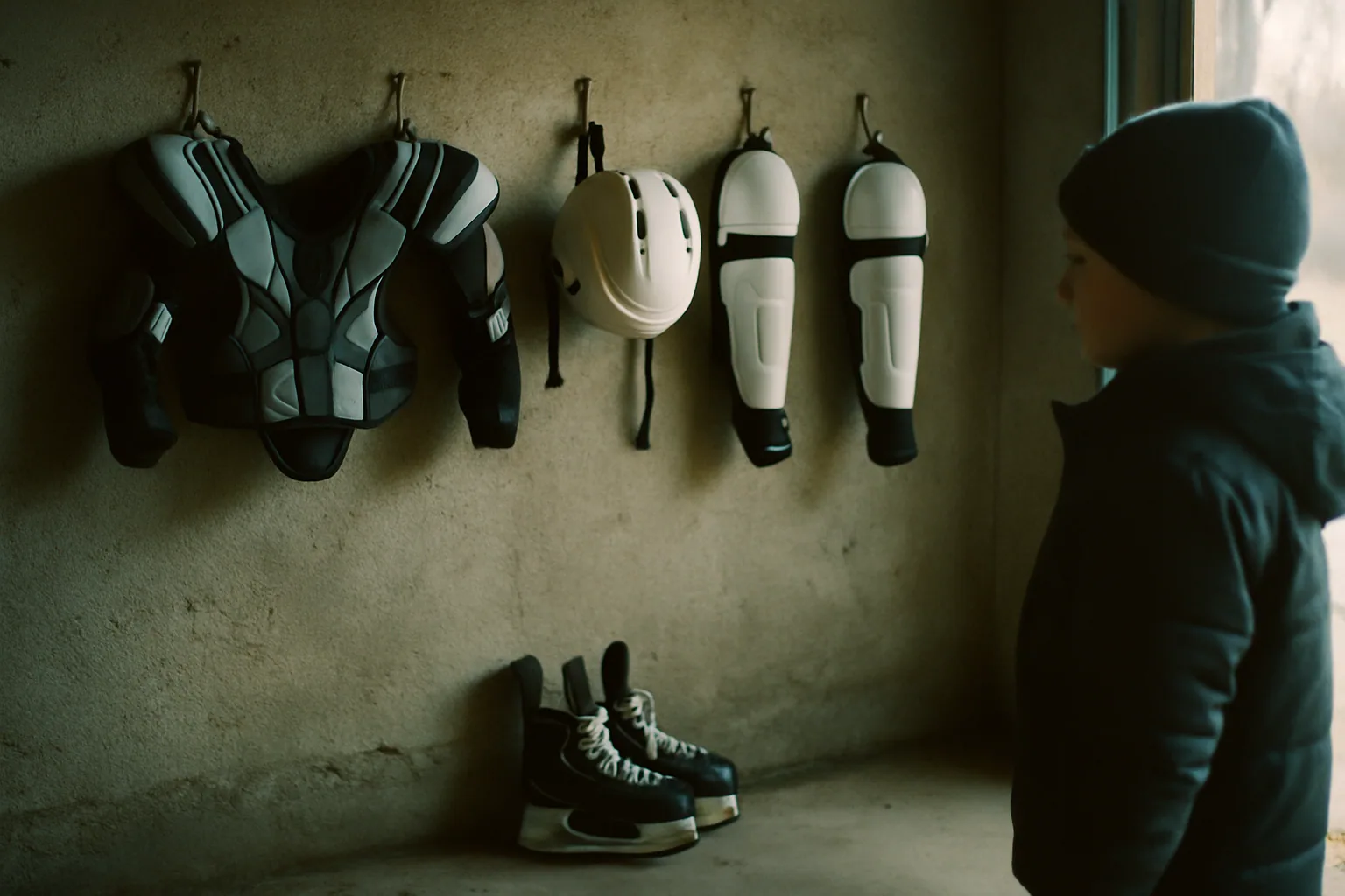 Youth hockey gear hangs to dry on hooks in a garage, pads and a plain helmet visible with skates on the floor in cold morning light.