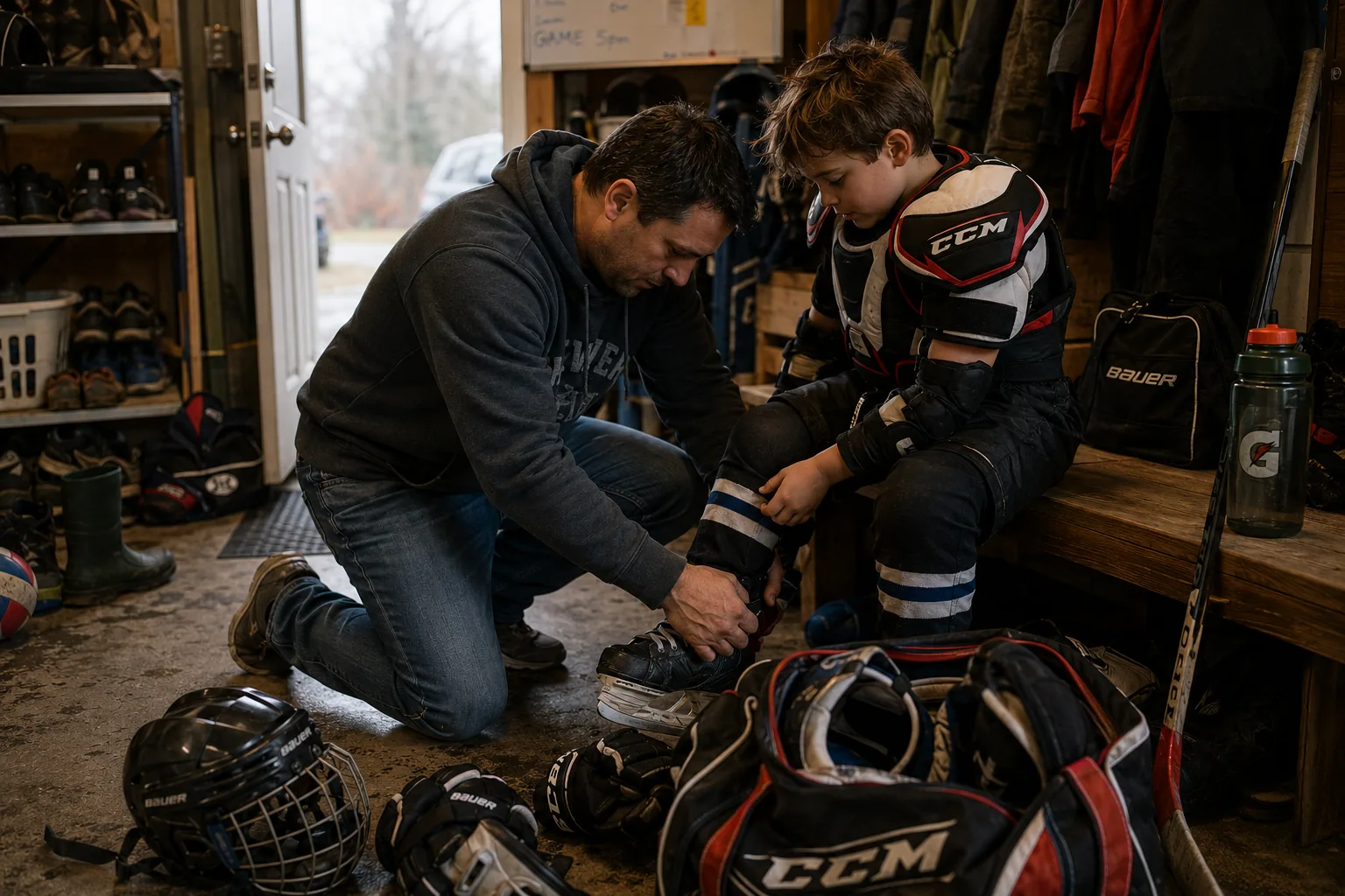 A parent kneeling in a locker room helping a young player put on hockey shin guards, gear bag open beside them.