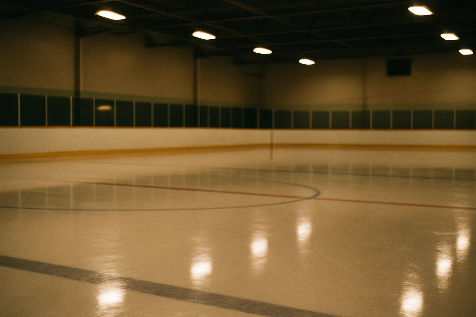 An empty ice rink sits ready before anyone arrives, a fresh sheet of ice with overhead lights reflecting off the surface.