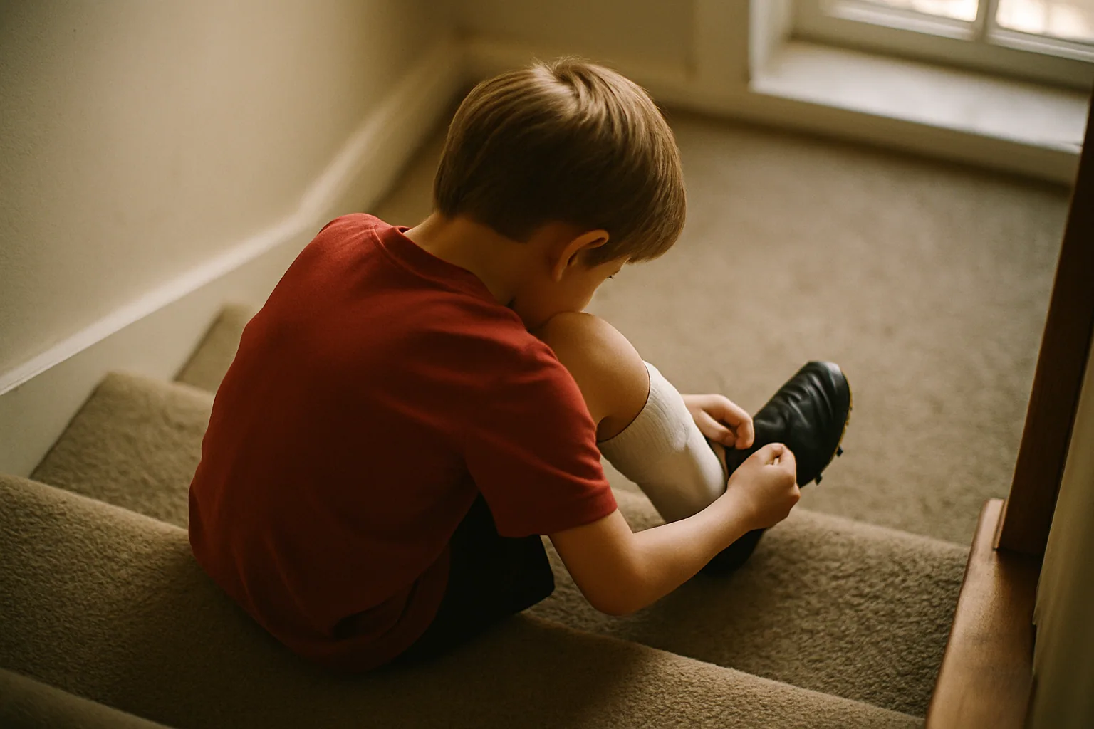 A child sits on interior stairs putting on cleats, seen from above and behind so only the crown of the head, back, and hands show.