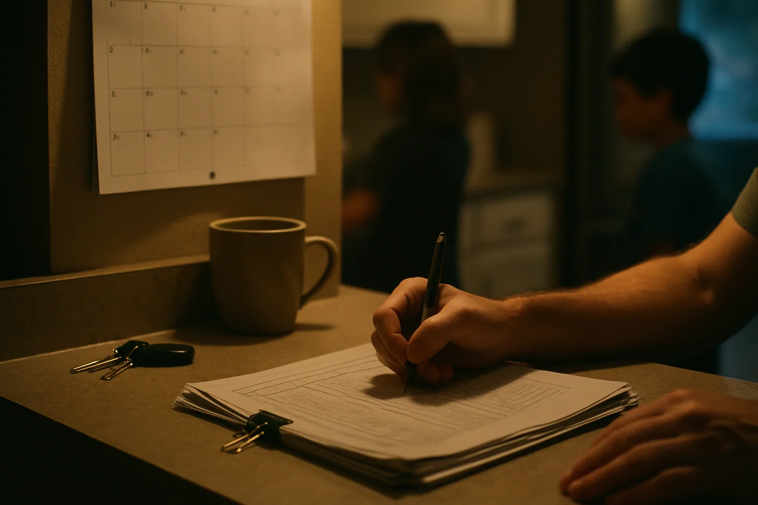 A kitchen counter at evening holds a paper wall calendar, a coffee mug, car keys, and team paperwork, an adult hand resting at the edge with a pen.
