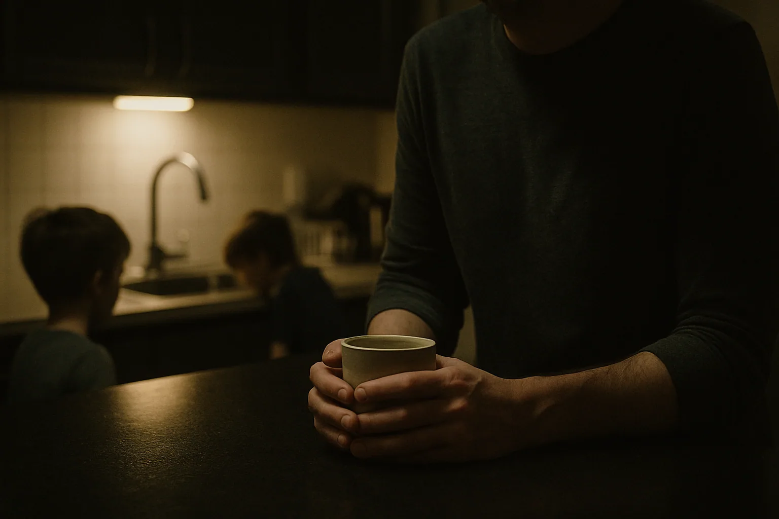 An adult stands at a dark kitchen counter at night, seen only as a shoulder and forearm, hands wrapped around a mug.