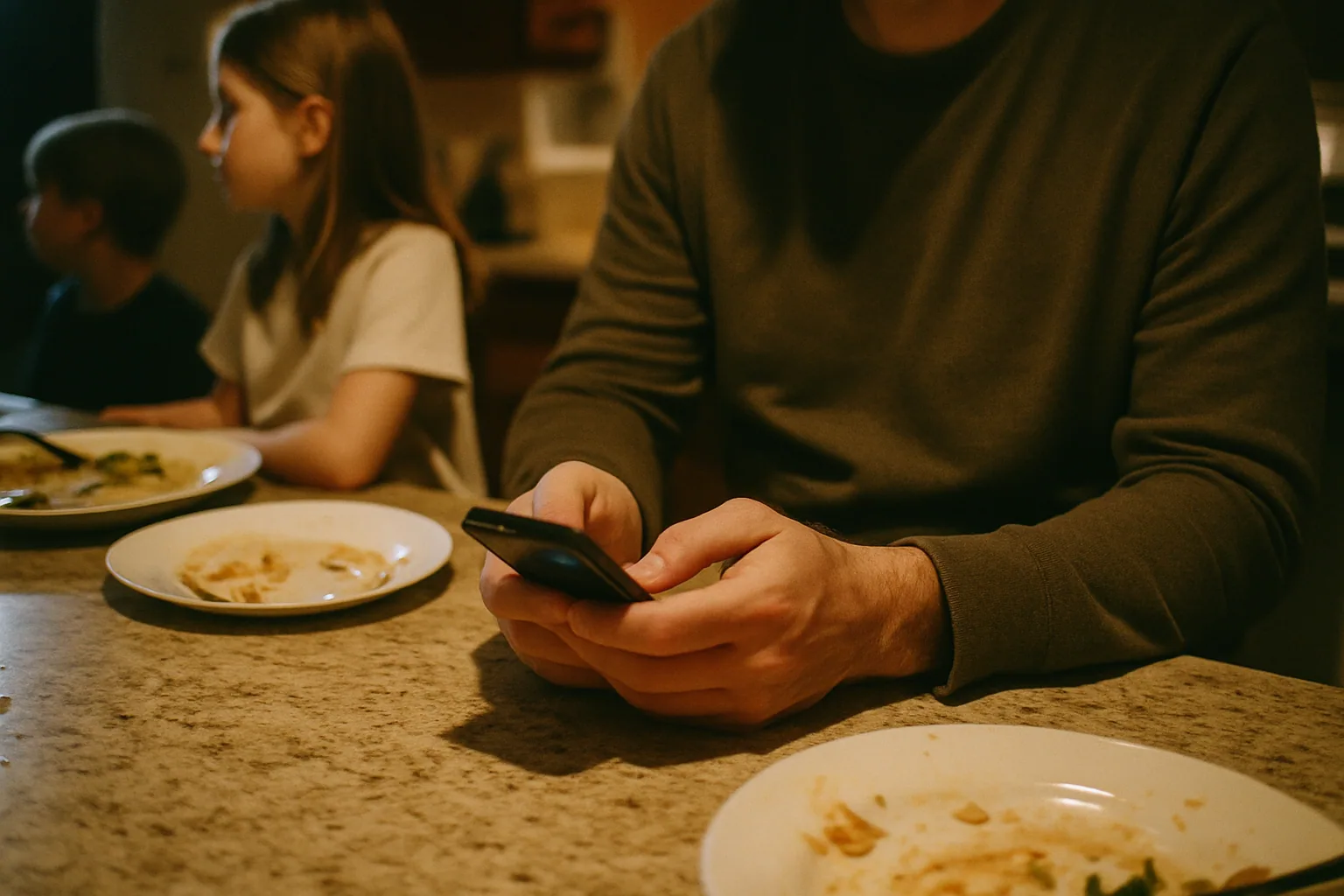 A parent holds a phone at a kitchen island in the evening with a messaging thread open, dinner half cleared behind them.