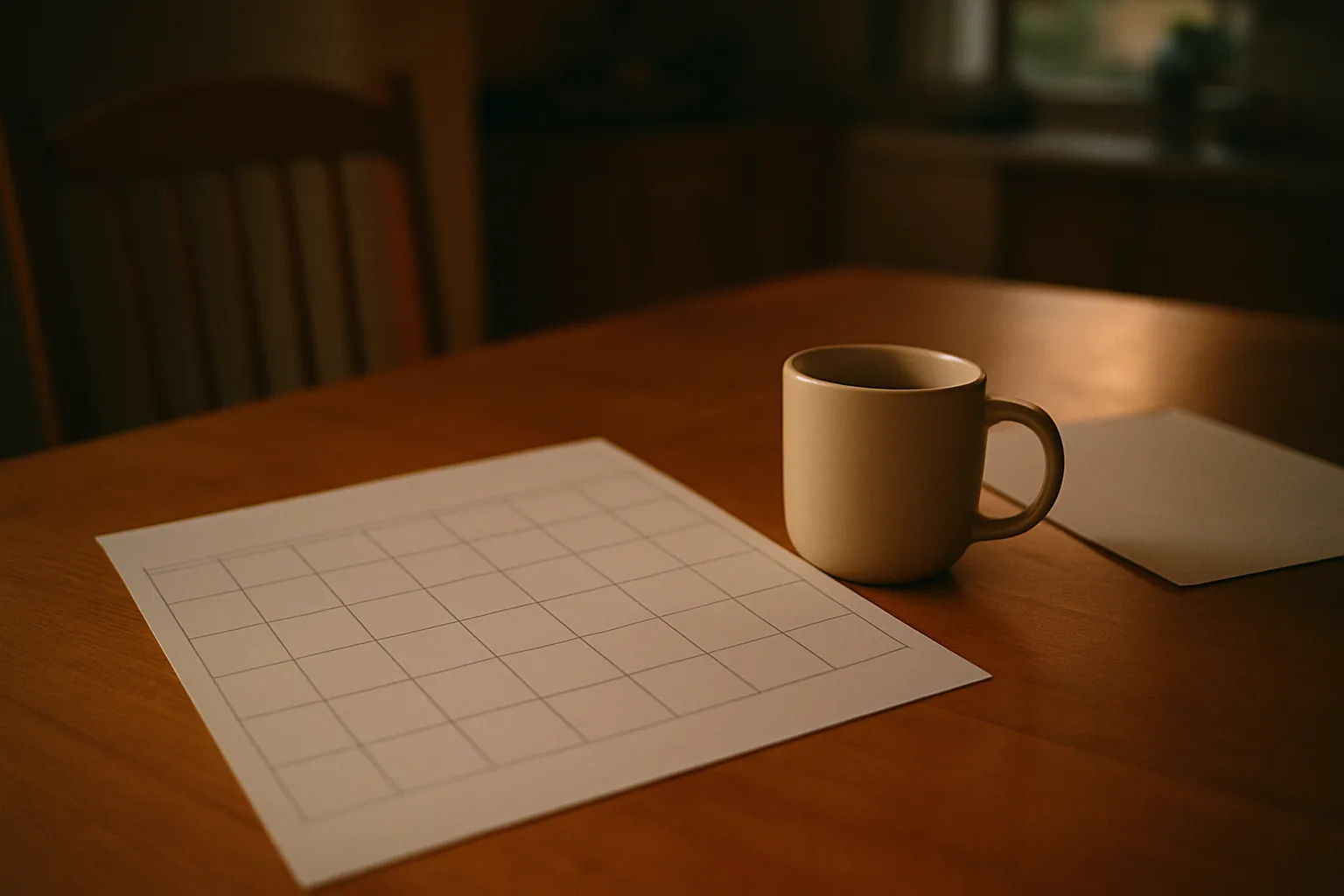 A kitchen table at dusk with a blank paper calendar grid and a ceramic mug of coffee.