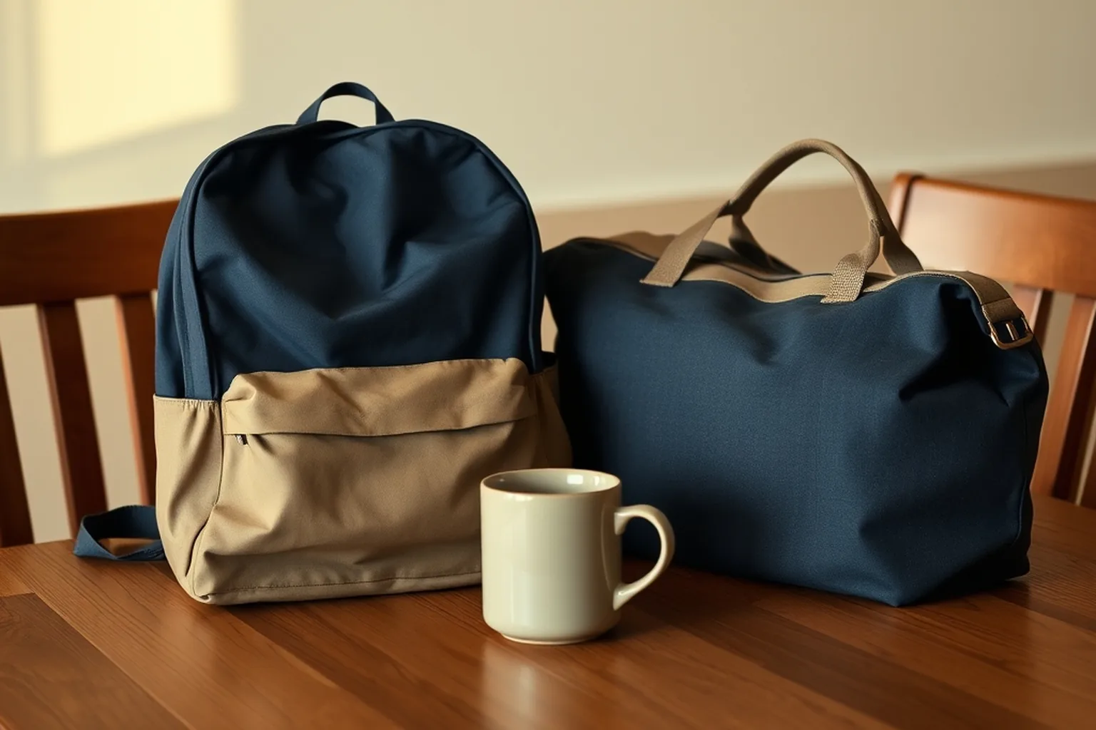 A plain navy backpack and a plain tan duffel rest side by side on a wooden kitchen table in late afternoon light, with a ceramic mug in front.