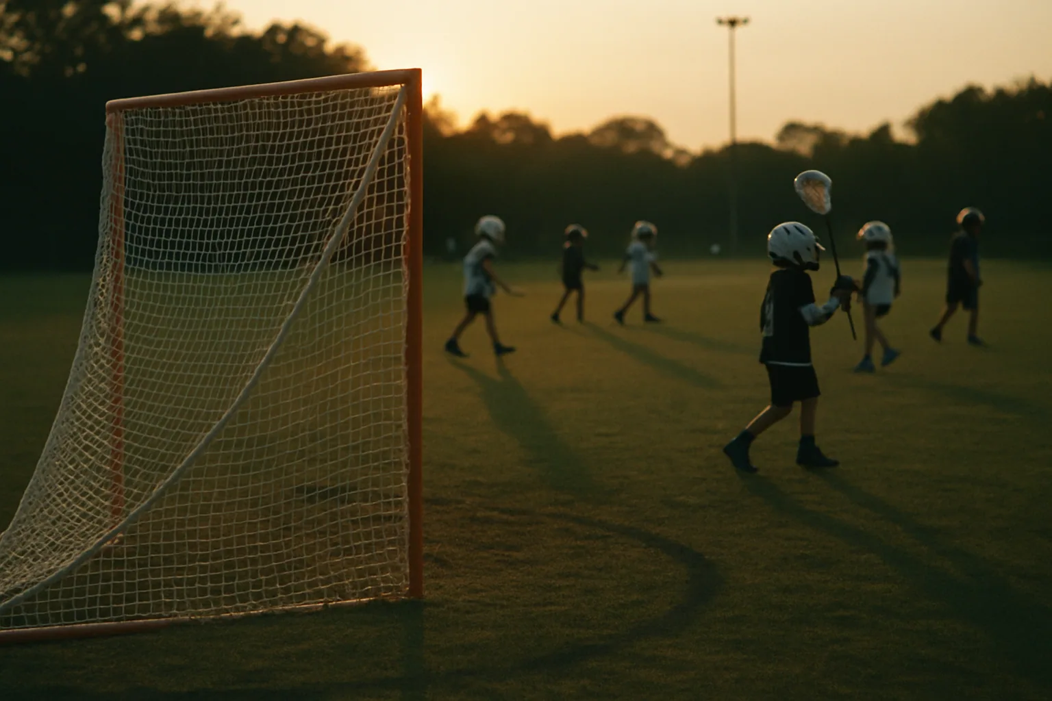 A youth lacrosse field at dusk shows players small and backlit in the far third, a goal in the foreground with long shadows.