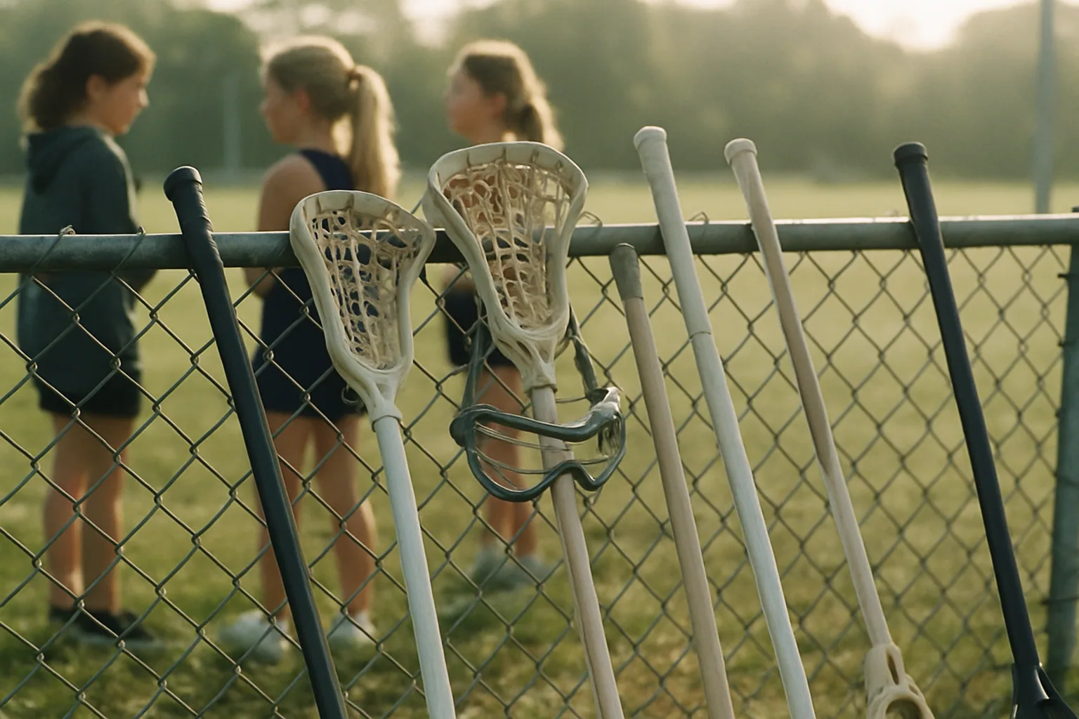 Girls' lacrosse sticks leaning against a fence.