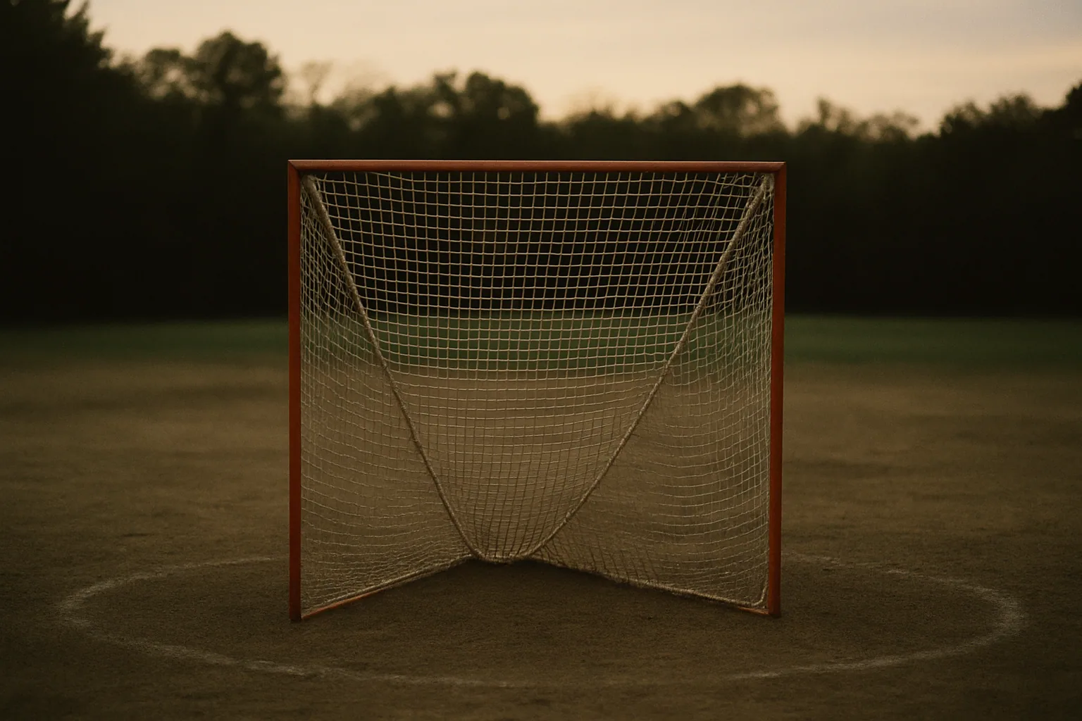 An empty lacrosse goal is seen from behind the net on a worn field at dusk, the crease paint faded with a treeline beyond.